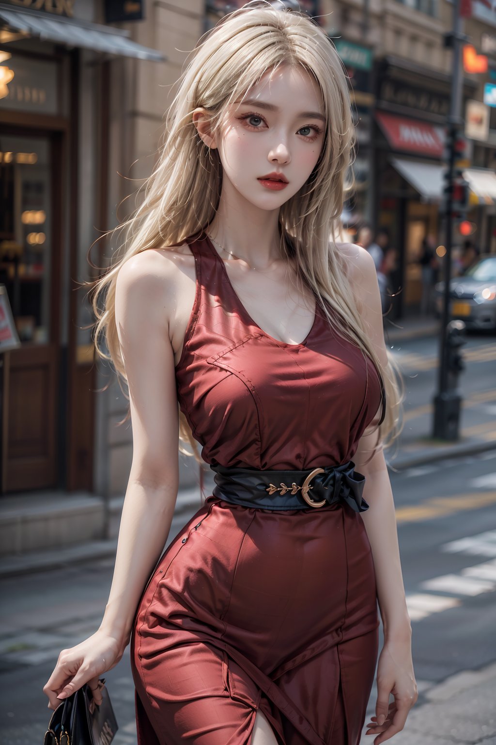 female,masterpiece, realistic, best quality, ultra detailed, waist up, blond_hair, fashionable accessories, red dress