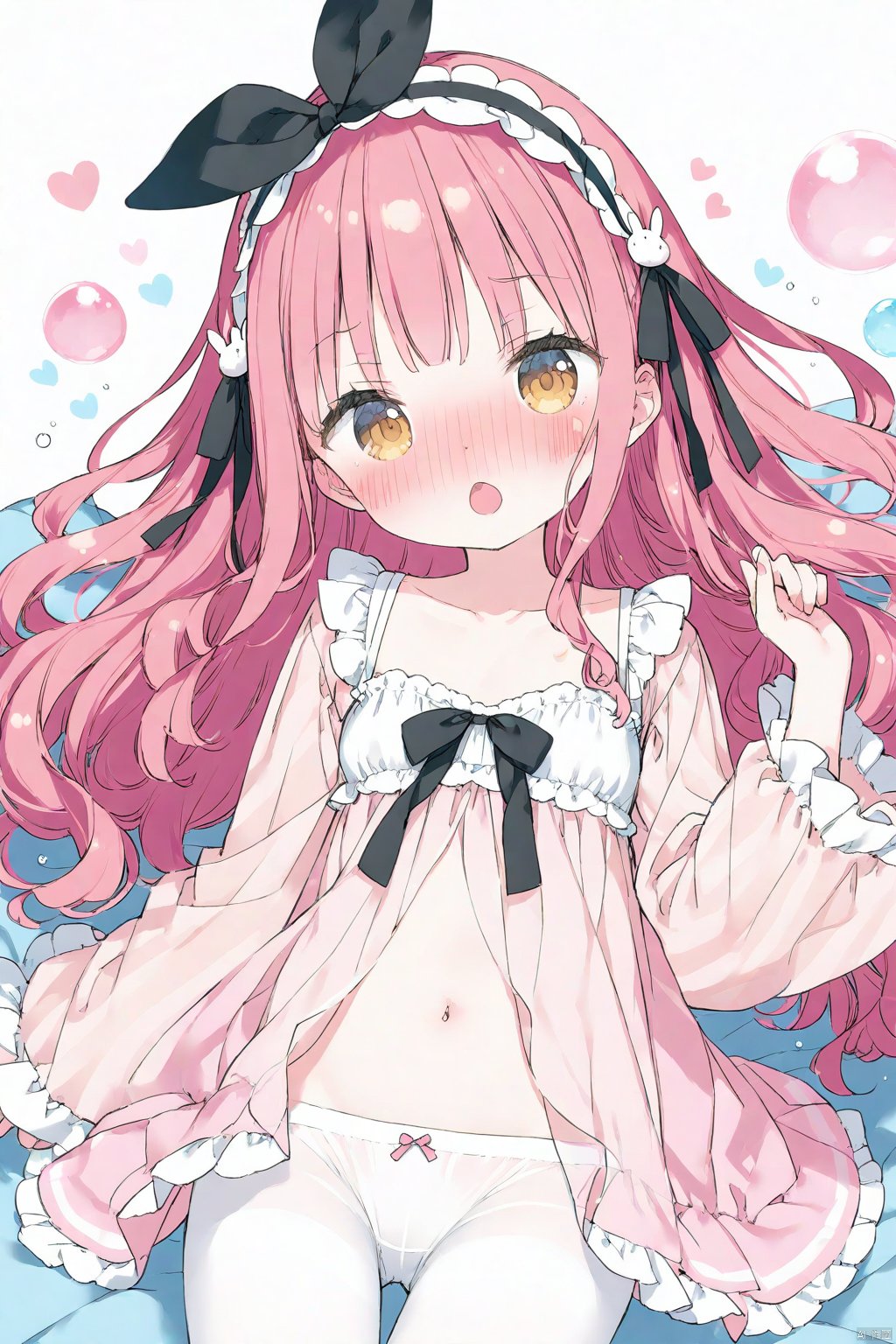 kanibiimu,
1girl, loli, hair ribbon, long hair,very long hair, curly hair,
frills, wide sleeves, long sleeves, puffy sleeves, black bow, hairband, sketch, see-through,  dress, rabbit hair ornaments, bangs_between hair,
colorful, valentine, ribbon, , bubble, pink pajamas, lolita dress,
blush, shamed,collarbone, navel, white pantyhose,
onnk, [butterfly:0.8],  white bra, navel, angry, upper body,
masterpiece, best quality,  white background, depth of field, bed, (medium breasts:0.75),, nose blush, [:o],  tinkle