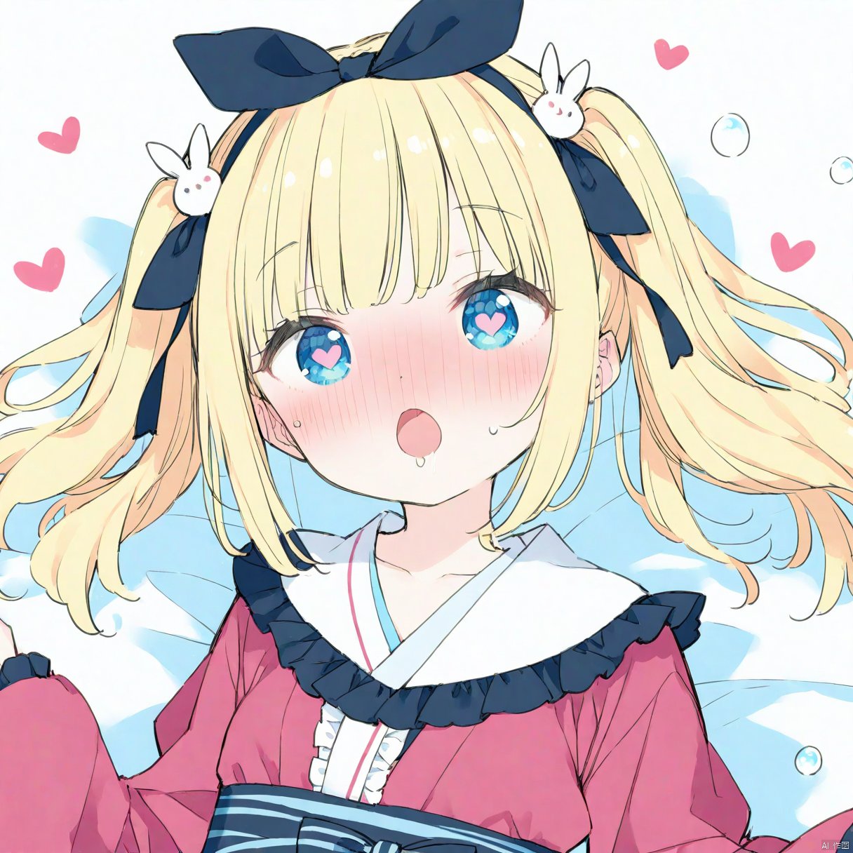 kanibiimu,
1girl, loli, hair ribbon, long hair, staright hair, twintails,
blonde hair, ,  frills, wide sleeves, long sleeves, puffy sleeves, black bow, hairband, sketch, see-through,  dress, rabbit hair ornaments, bangs_between hair,
colorful, valentine, ribbon, , bubble, japanese clothes, kimono,
blush, shamed,collarbone, 
onnk, [butterfly:0.8],  
heart-shaped pupils,  angry, upper body,
masterpiece, best quality,  white background, depth of field, bed, (medium breasts:0.75),, nose blush, [:o], saliva, tinkle