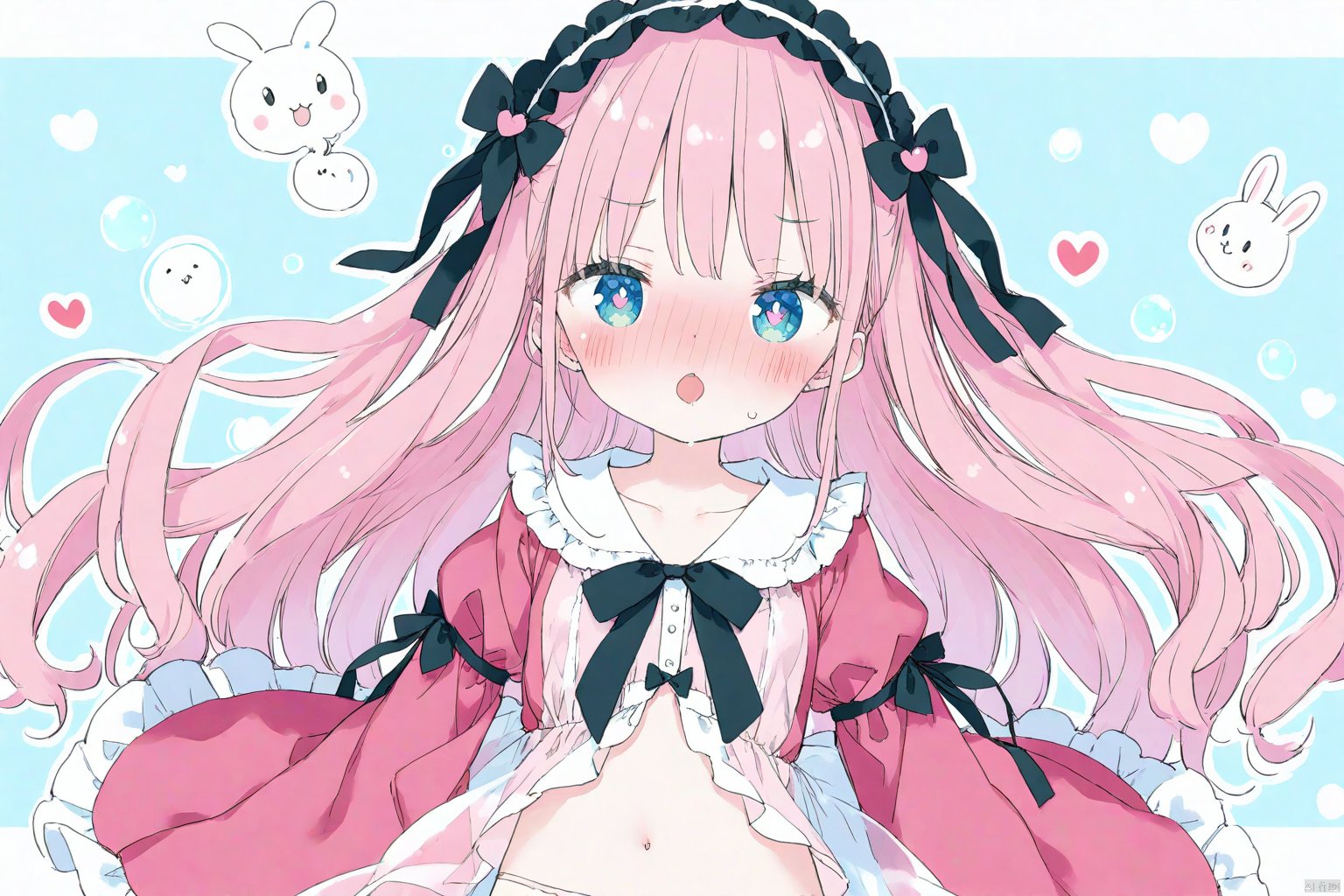 kanibiimu,
1girl, loli, hair ribbon, long hair,very long hair, curly hair,
frills, wide sleeves, long sleeves, puffy sleeves, black bow, hairband, sketch, see-through,  dress, rabbit hair ornaments, bangs_between hair,
colorful, valentine, ribbon, , bubble, pink pajamas, lolita dress,
blush, shamed,collarbone, navel,
onnk, [butterfly:0.8],  white bra, navel,
heart-shaped pupils,  angry, upper body,
masterpiece, best quality,  white background, depth of field, bed, (medium breasts:0.75),, nose blush, [:o], saliva, tinkle