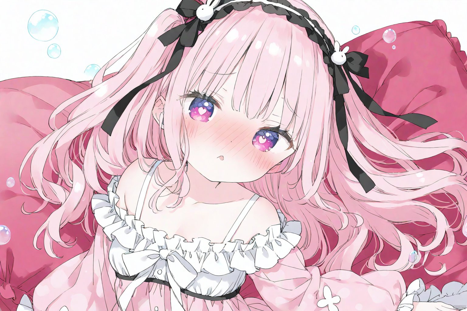 kanibiimu,
1girl, loli, hair ribbon, long hair,very long hair, curly hair,
frills, wide sleeves, long sleeves, puffy sleeves, black bow, hairband, sketch, see-through,  dress, rabbit hair ornaments, bangs_between hair,
colorful, valentine, ribbon, , bubble, pink pajamas, lolita dress,
blush, shamed,collarbone, navel,
onnk, [butterfly:0.8],  white bra, navel,
heart-shaped pupils,  angry, upper body,
masterpiece, best quality,  white background, depth of field, bed, (medium breasts:0.75),, nose blush, tinkle, :v