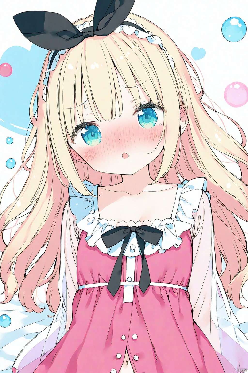 kanibiimu,
1girl, loli, hair ribbon, long hair,very long hair, curly hair,
frills, wide sleeves, long sleeves, puffy sleeves, black bow, hairband, sketch, see-through,  dress, rabbit hair ornaments, bangs_between hair,
colorful, valentine, ribbon, , bubble, pink pajamas, lolita dress,
blush, shamed,collarbone, navel, white pantyhose,
onnk, [butterfly:0.8],  white bra, navel, angry, upper body,
masterpiece, best quality,  white background, depth of field, bed, (medium breasts:0.75),, nose blush, [:o],  tinkle