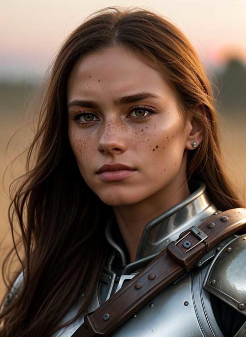 (closeup:1.1) of an angry female legionnaire with freckles and long brown hair on a medieval battlefield, killed warriors in the background, detailed skin, detailed photo, bokeh, 200mm lens, extreme close-up, extreme shooting, cinematic, evening sunset, contrast photo , neutral cinematic colors, dynamics, full realism, super detail, dynamic atmosphere, dust of battle, sand