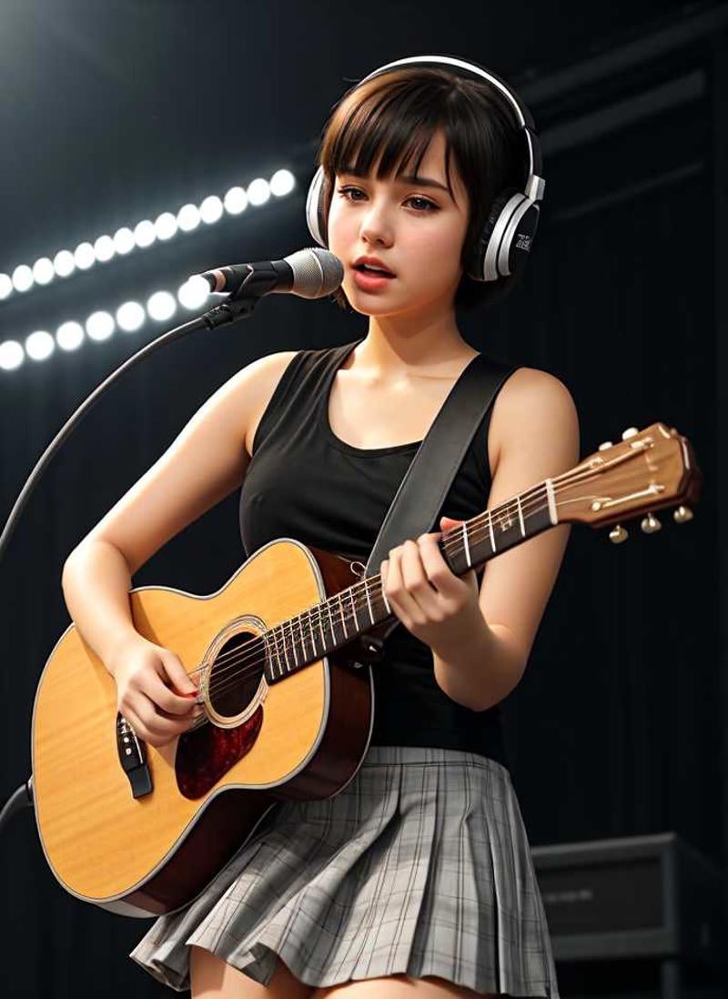 mobile photo, A cute pop singer (young woman) with short hair and symmetrical teary eyes holds a guitar and sings into headphones, wearing a pleated skirt, with a dynamic angle, exuding a melancholy emotion, soft glow of mid-day lighting, haze, atmosphere, humid, cartoon, disnay pixar