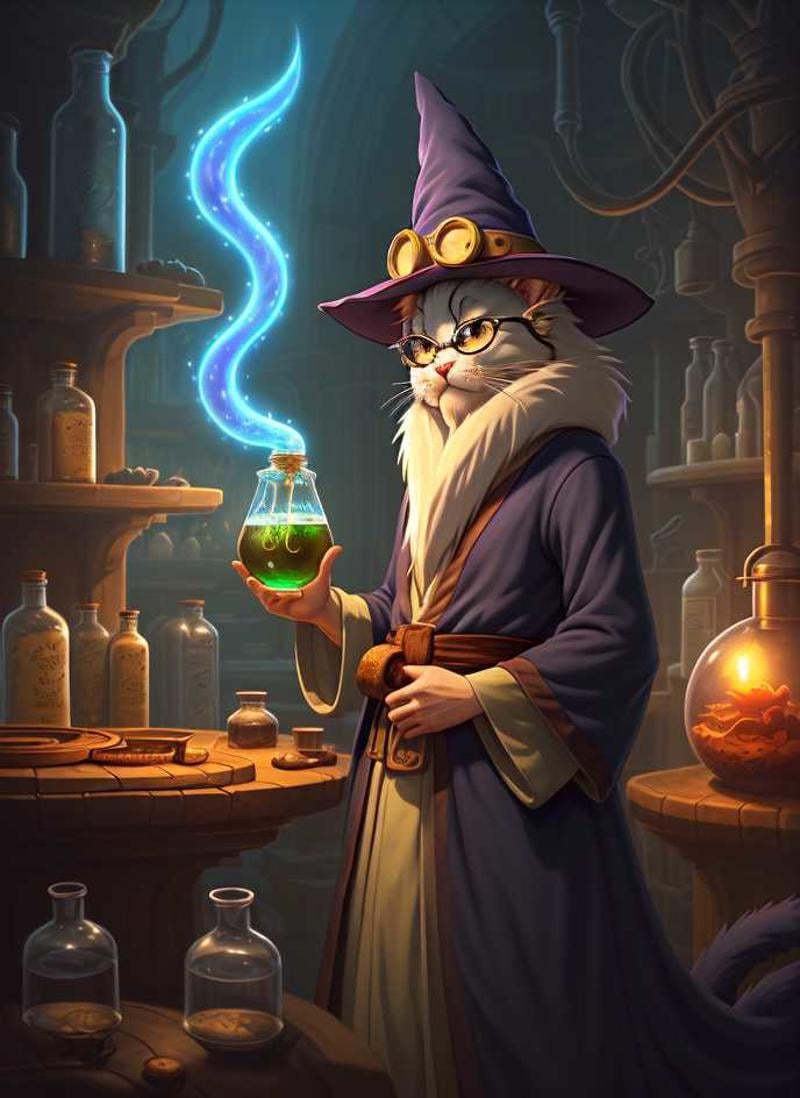 anthropomorphic, cat wizard, brewing potion, magical laboratory, mystical lighting, high quality, fantasy, digital art, inspired by Hayao Miyazaki, 2d cartoon, lineart, (anime), (illustration), cartoon, detailed