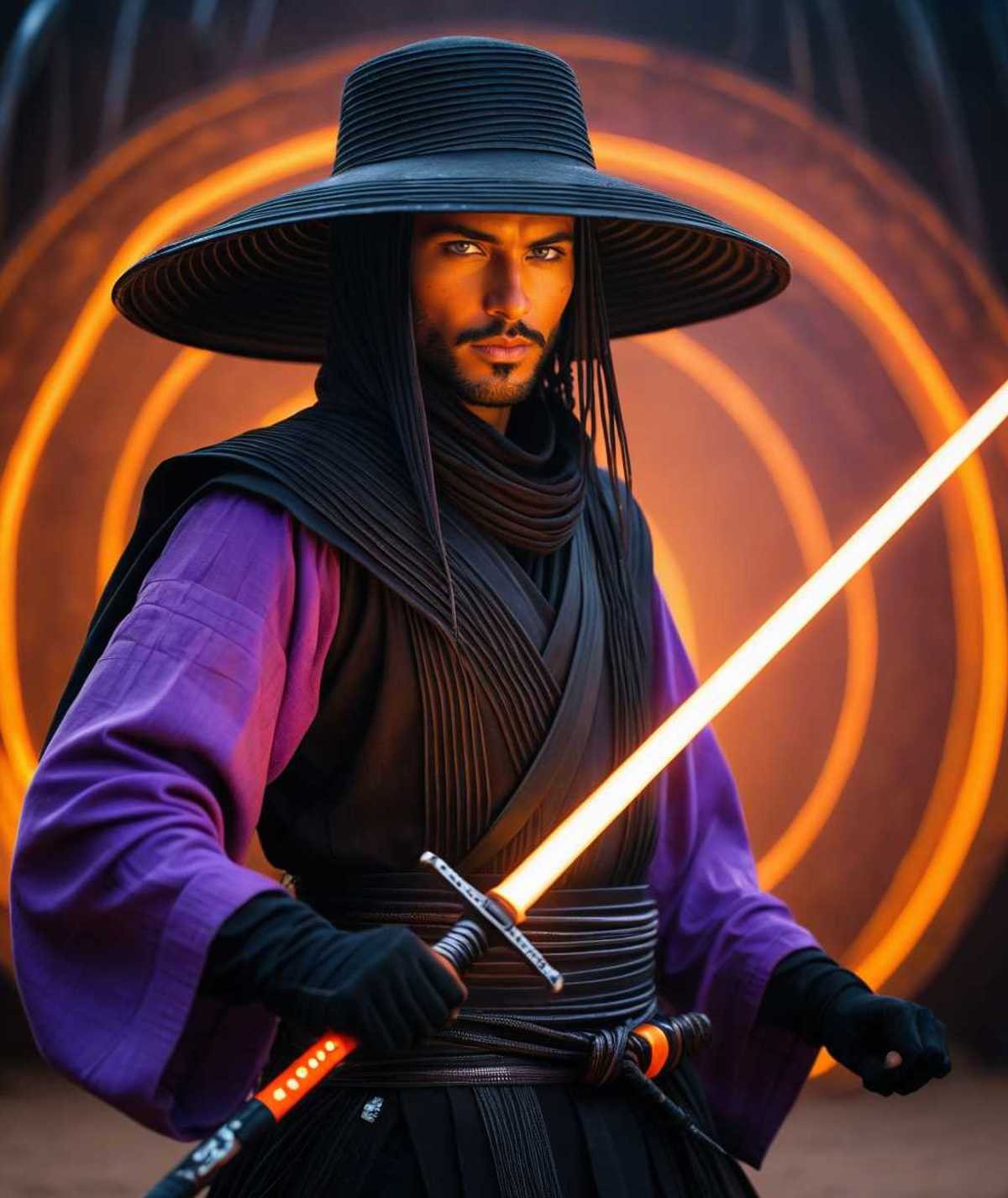 Craft a captivating vibrant dark black-neon caption for a photo capturing the essence of a cyborg Bedouin sorcerer in fight stance, defying expectations by conjuring a whimsical robot 'freak' from an oversized sedge  hat. ethereal, smoky backdrop. throwing a translucent orange/tanslucent purple/black iaidow, weapon, katana, holding sword, ready to draw, sheathed, unsheathing, scabbard, very detailed, atmospheric haze, Film grain, cinematic film still, shallow depth of field, highly detailed, high budget, cinemascope, moody, epic, OverallDetail, gorgeous, 2000s vintage RAW photo, photorealistic, candid camera, color graded cinematic, eye catchlights, atmospheric lighting, skin pores, imperfections, natural, shallow dof, (closeup:0.6)