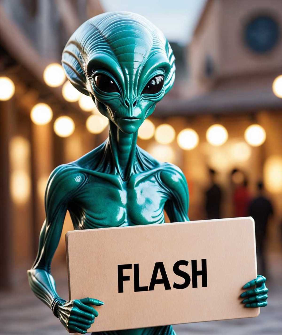 realistic photo of an alien in megolis holding a board with black text only: "FLASH", bokeh, realistic, detail, (closeup:0.6)