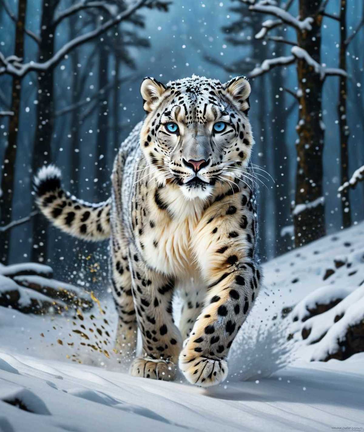 <(Beautiful Matte Painting of a snow leopard running in the snow, night time, light blue eyes, dark background, insanely detailed, snow-covered forest, snowing, rough paint strokes, rough texture, small gold paint strokes abstract, detailed matte painting):1.0>,<(detailed matte painting, deep color, fantastical, intricate detail, splash screen, complementary colors, fantasy concept art, 8k resolution trending on Artstation Unreal Engine 5):0.9>