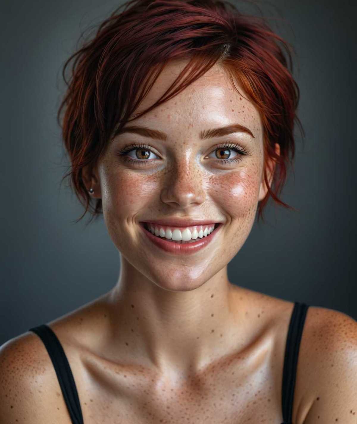 beautiful lady, (freckles), big smile, ruby eyes, short hair, dark makeup, hyperdetailed photography, soft light, head and shoulders portrait, cover