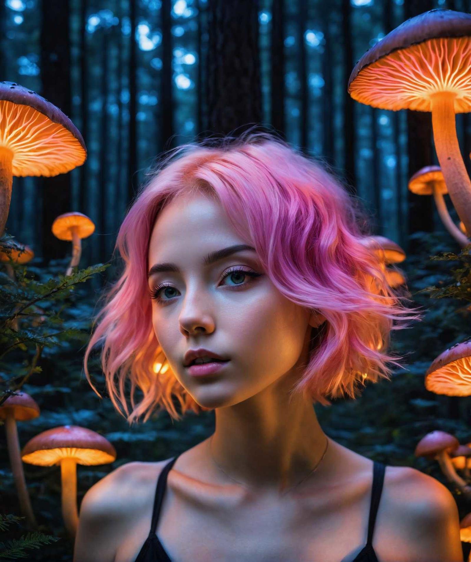 A close-up of a girl with pink hair in a dark, surreal forest. She is illuminated by vibrant, bioluminescent mushrooms casting an orange glow. The background features a deep blue night sky with glowing stars. The girl's expression is serene and mysterious. Shot with a high-resolution camera, the image captures fine details, including the soft texture of her skin and the delicate lighting effects. The overall mood is magical and otherworldly, blending natural and fantastical elements.