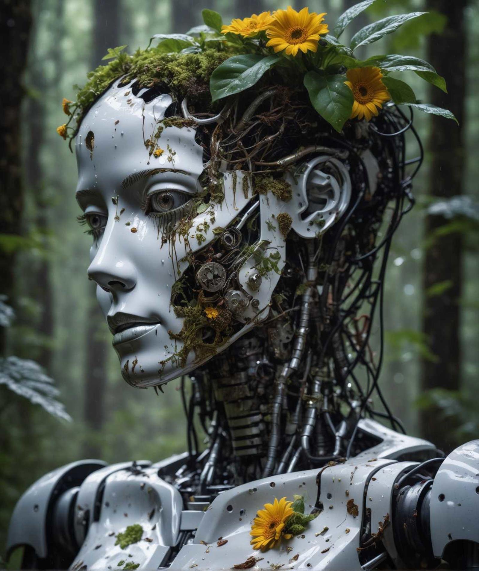 photo of a decayed female robot with the top half of her head cut off, no brain, instead filled with maggots, worms and plants and flowers, half of body is melted into the ground, eyes closed, wet with rain, masterpiece, high res, intricate, professional, photorealistic, dark forest background