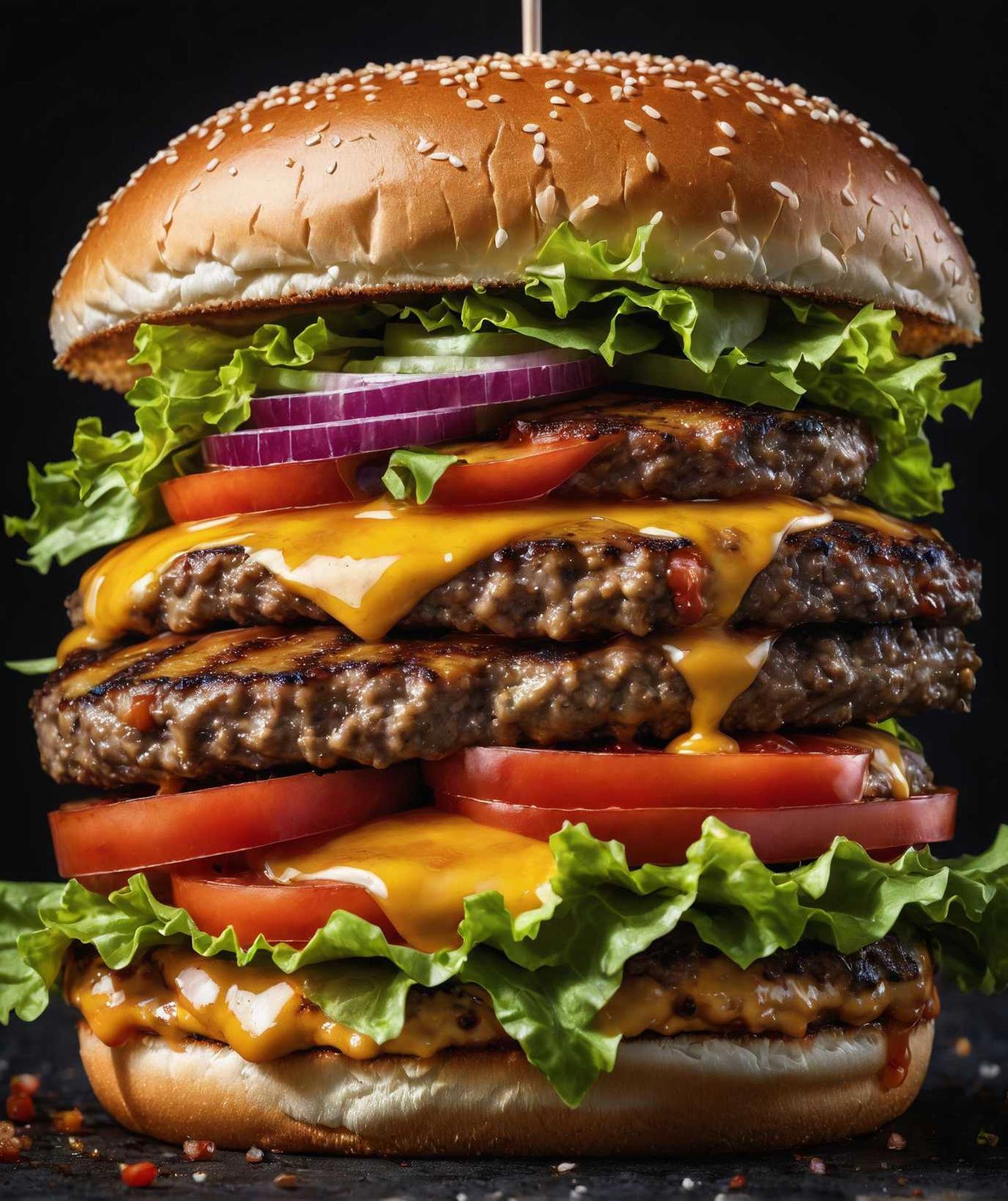 photo of one juicy burger, juiciness, appetizing, dark background, cinematic, hyper-detailed, cover, (closeup:0.6)