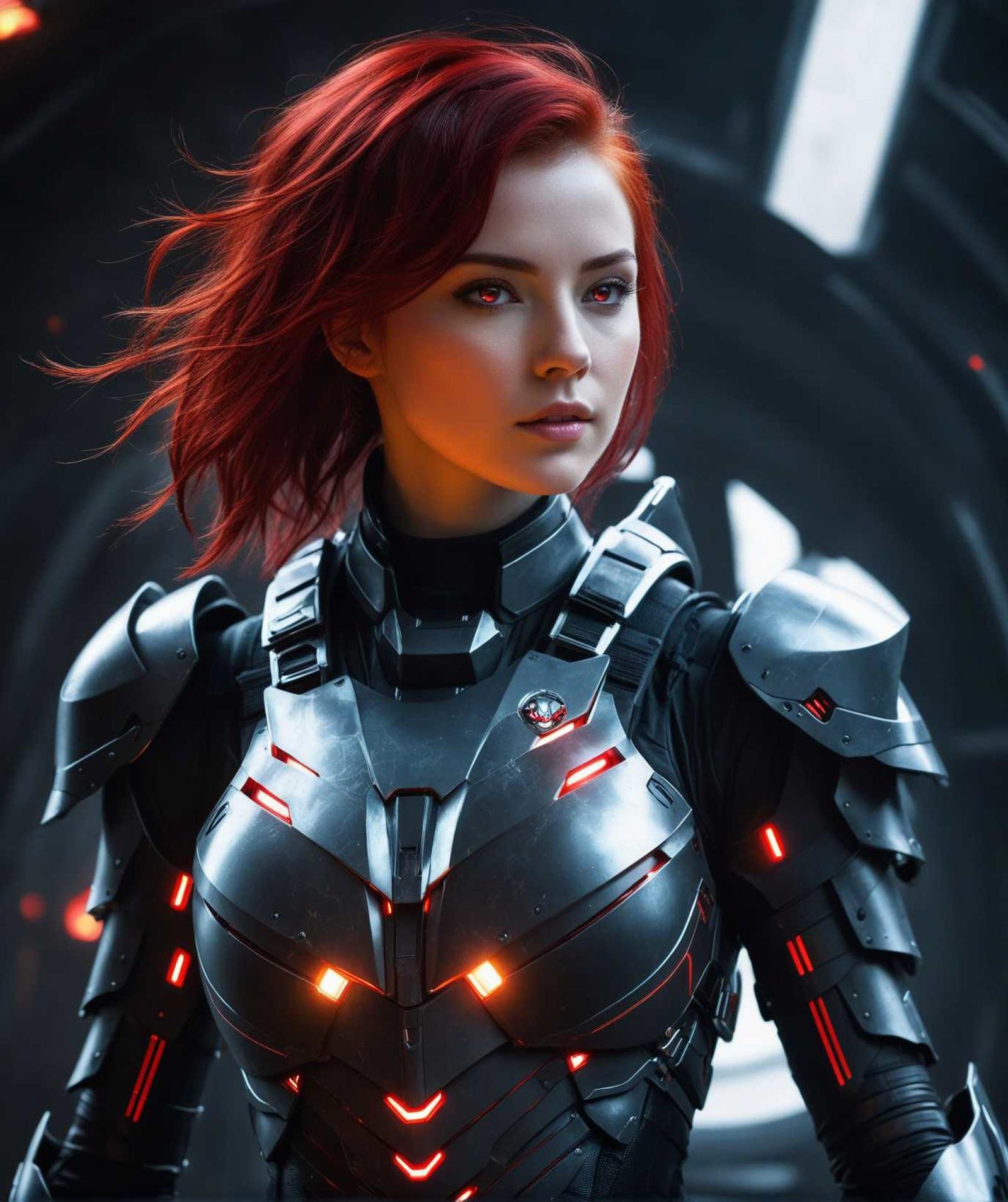 masterpiece, best quality, 1girl, sci-fi armor with black and red colors, glowing elements, redhair