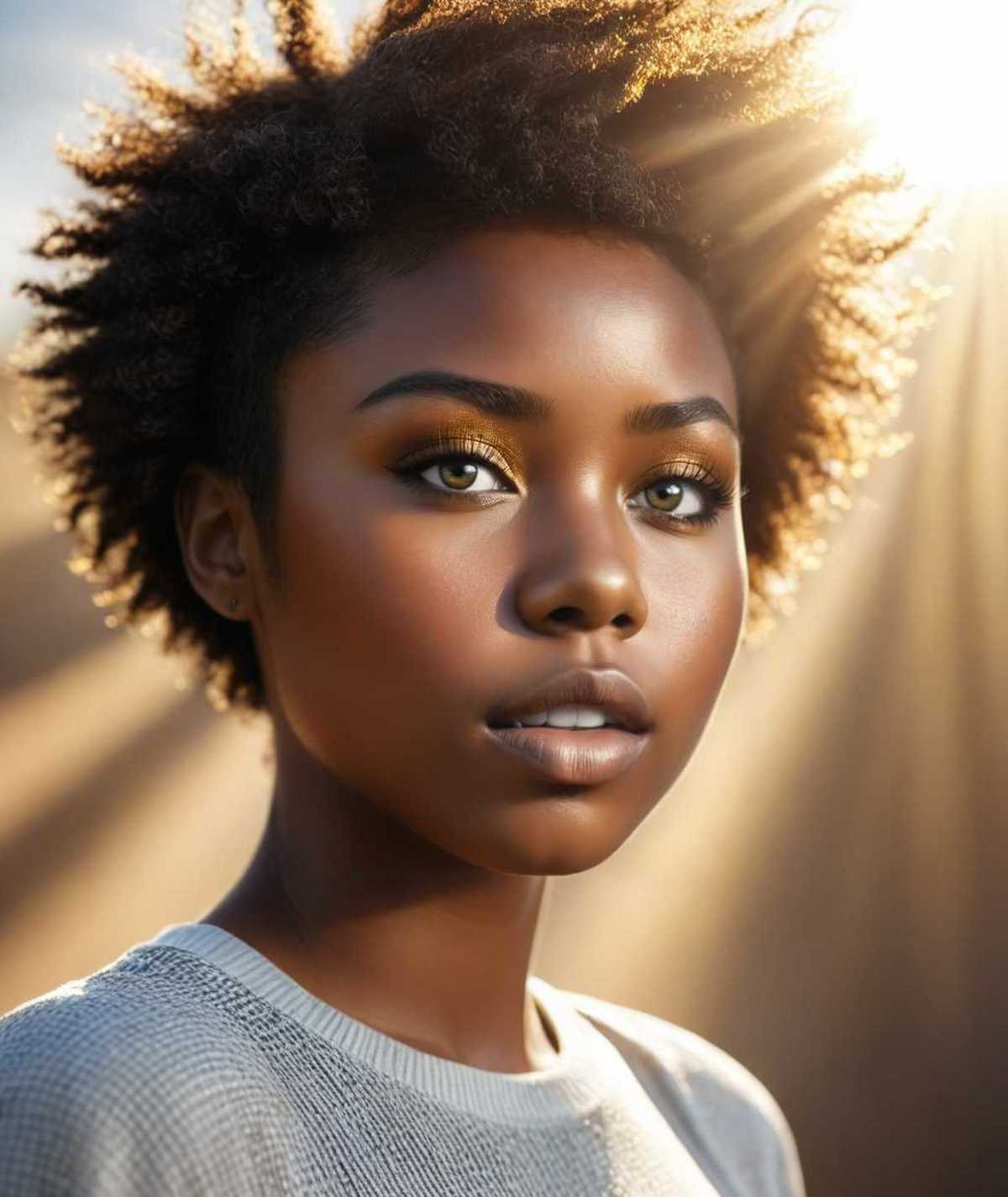 photo of an onebeautiful black girl, short hair, rays, sun, day, dynamic atmosphere, dynamics, ultra realism, focus, (closeup:0.6)