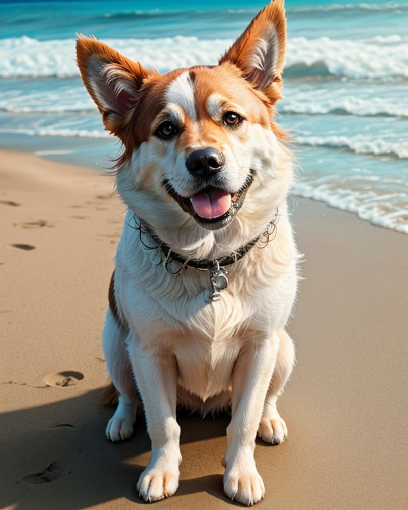 (closeup:0.8) of a (cheerful:0.7) (barking:0.7) dog, beach, day, realistic