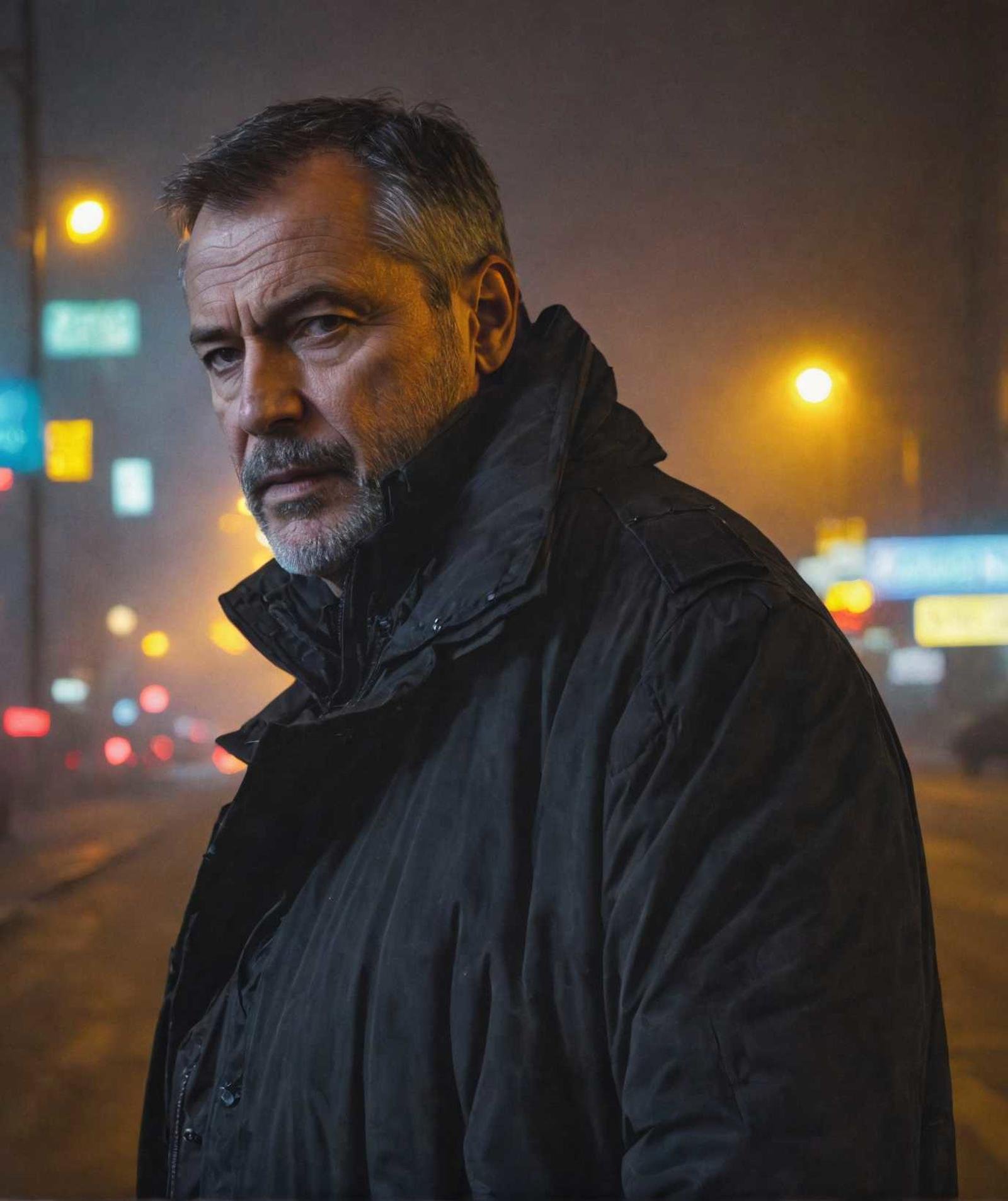 city street, neon, fog, volumetric, closeup photo of 50 y.o man in dark clothes, serious face