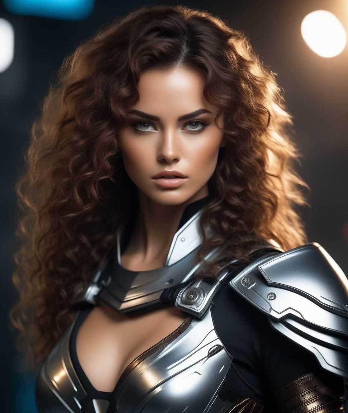 photo of a warrior woman from the future, cyber suit, metallic top, long curly brown hair, irritated face, beautiful face, beautiful model body, cinematic, realism