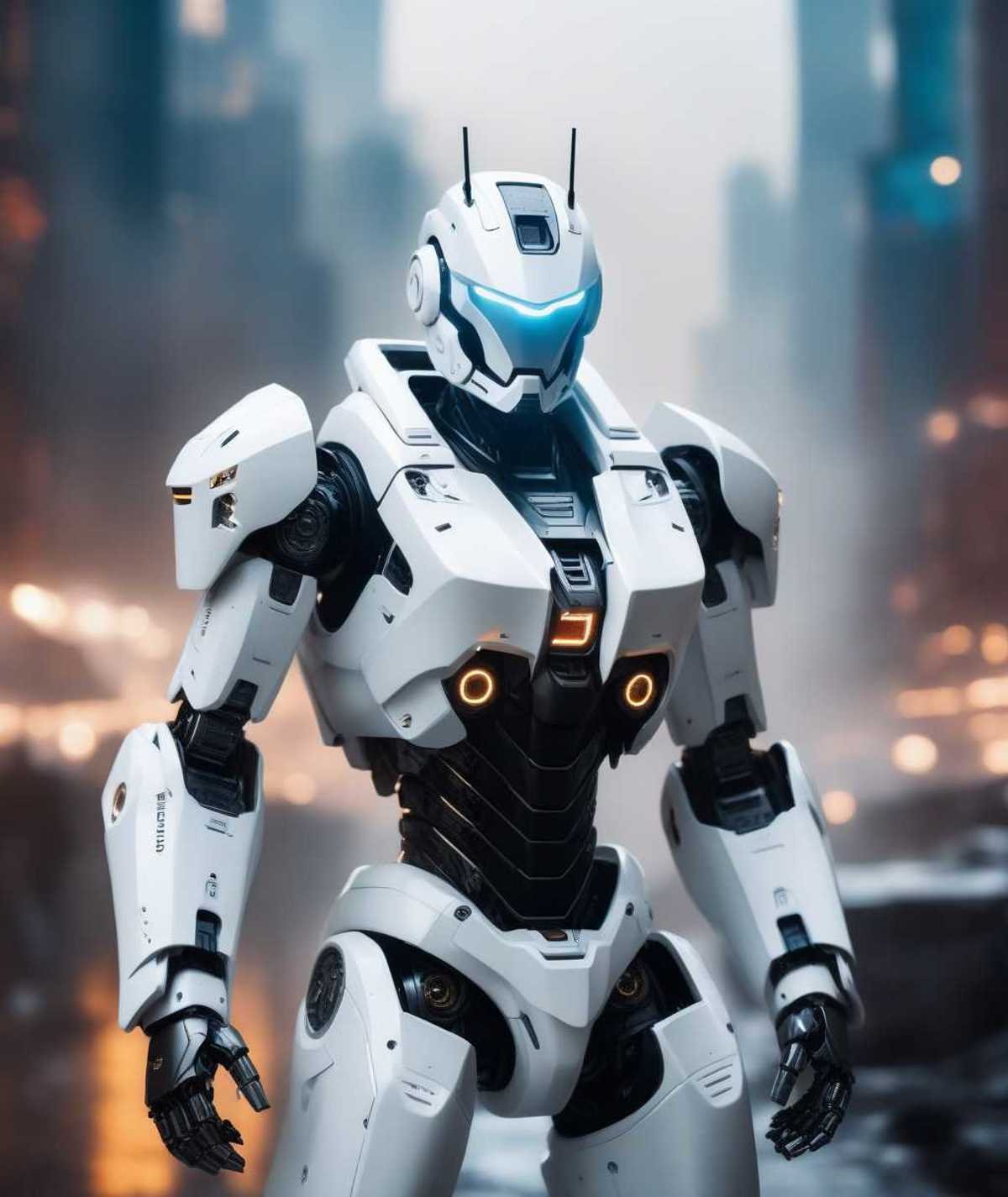 white robot cyborg mecha, future, epic photo, dynamic atmosphere, metropolis on the background, bokeh, hyper-detailed photo, dynamic dust particles, dirt, realism, photo, cinematicd