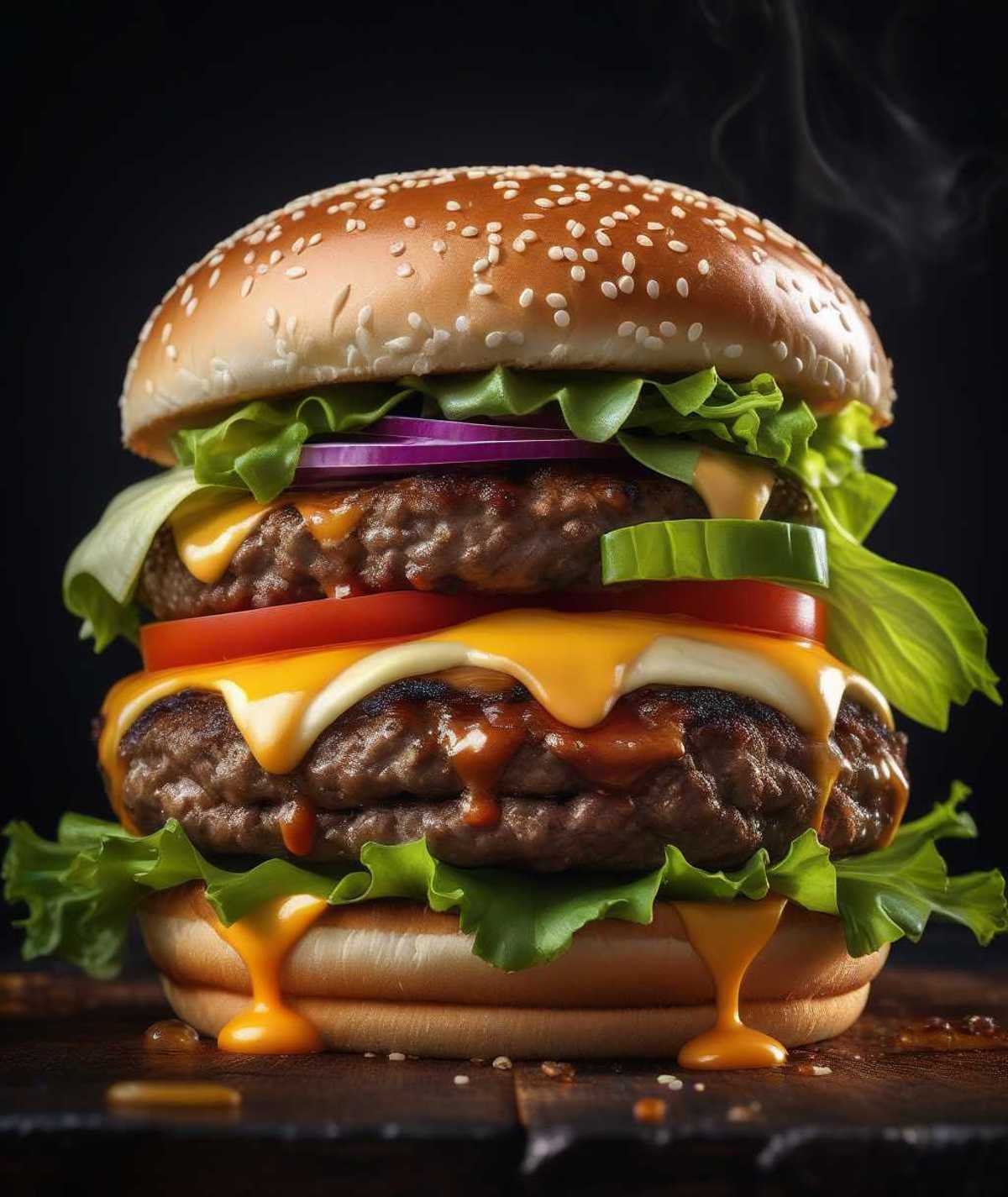 photo of one juicy burger, juiciness, appetizing, dark background, cinematic, hyper-detailed, cover, (closeup:0.6)