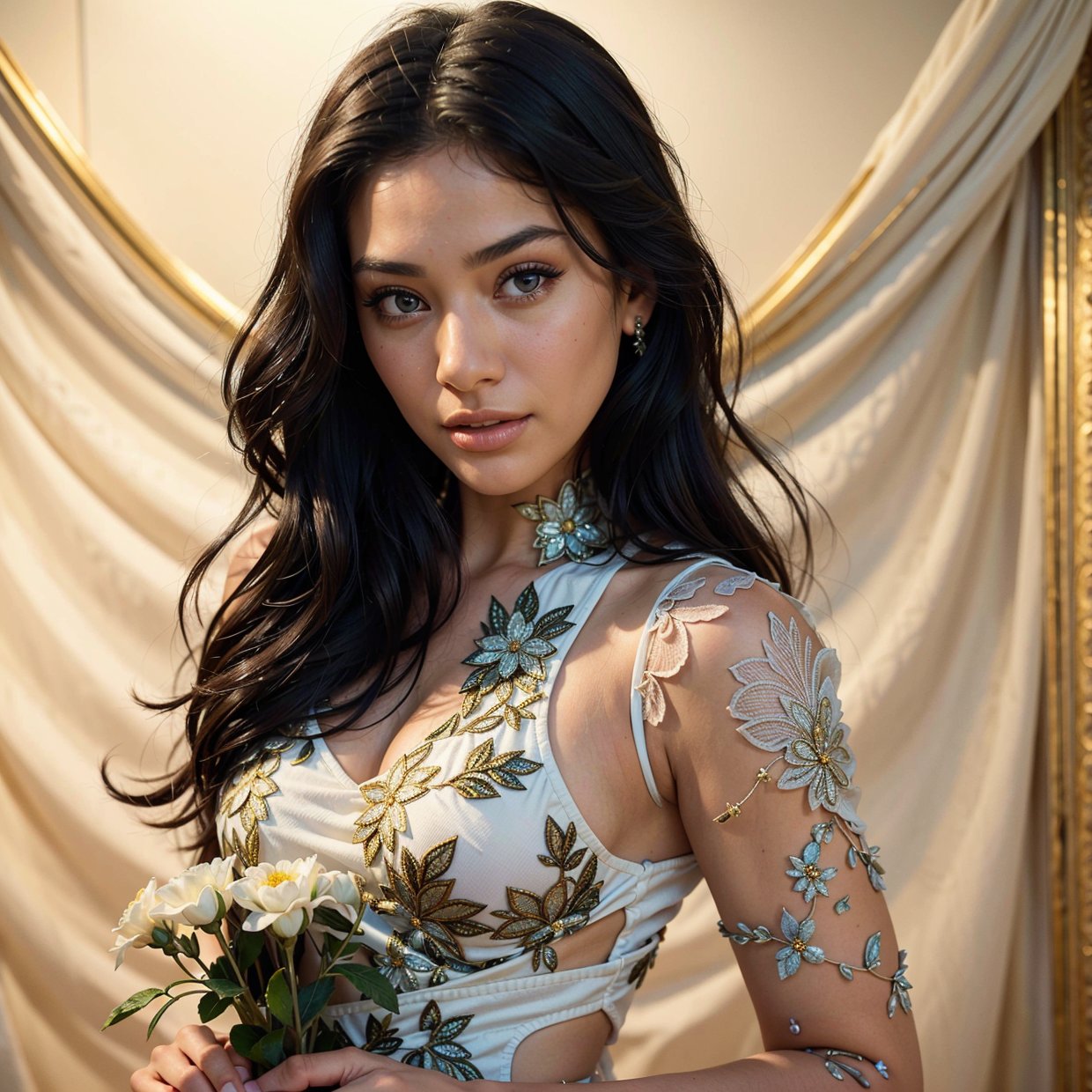 a happy woman holding flowers, evening dress and jacket, beautiful detailed eyes, beautiful detailed lips, extremely detailed eyes and face, long eyelashes, elegant pose, intricate embroidery, shimmering fabric, warm lighting, vibrant colors, cinematic, award-winning portrait, masterpiece, (best quality,4k,8k,highres,masterpiece:1.2),ultra-detailed,(realistic,photorealistic,photo-realistic:1.37)