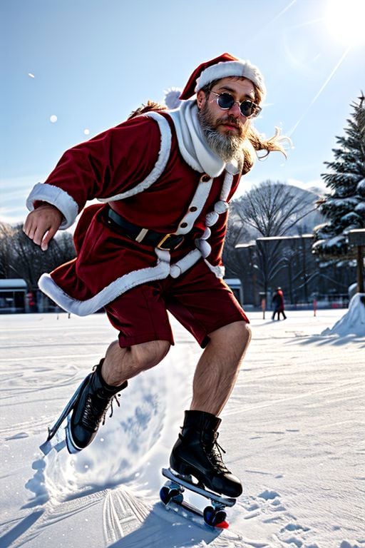 santa in sunglasses skating, realism, snow, epic, (closeup:0.2)