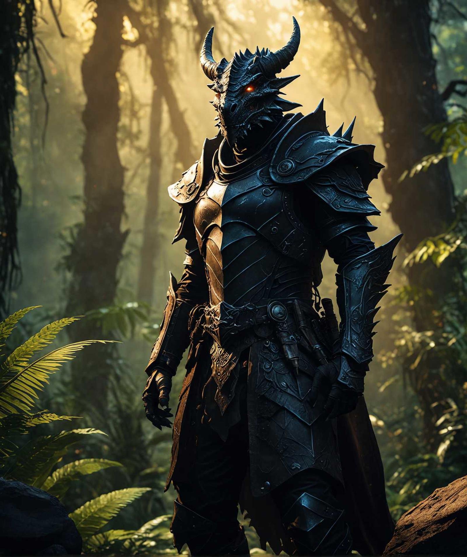 a sleek camouflaged dragonborn, cowboy shot, in an alien jungle at sunset, caustic rim lighting, hard shadows, dimly glowing mechanical eyes, low contrast