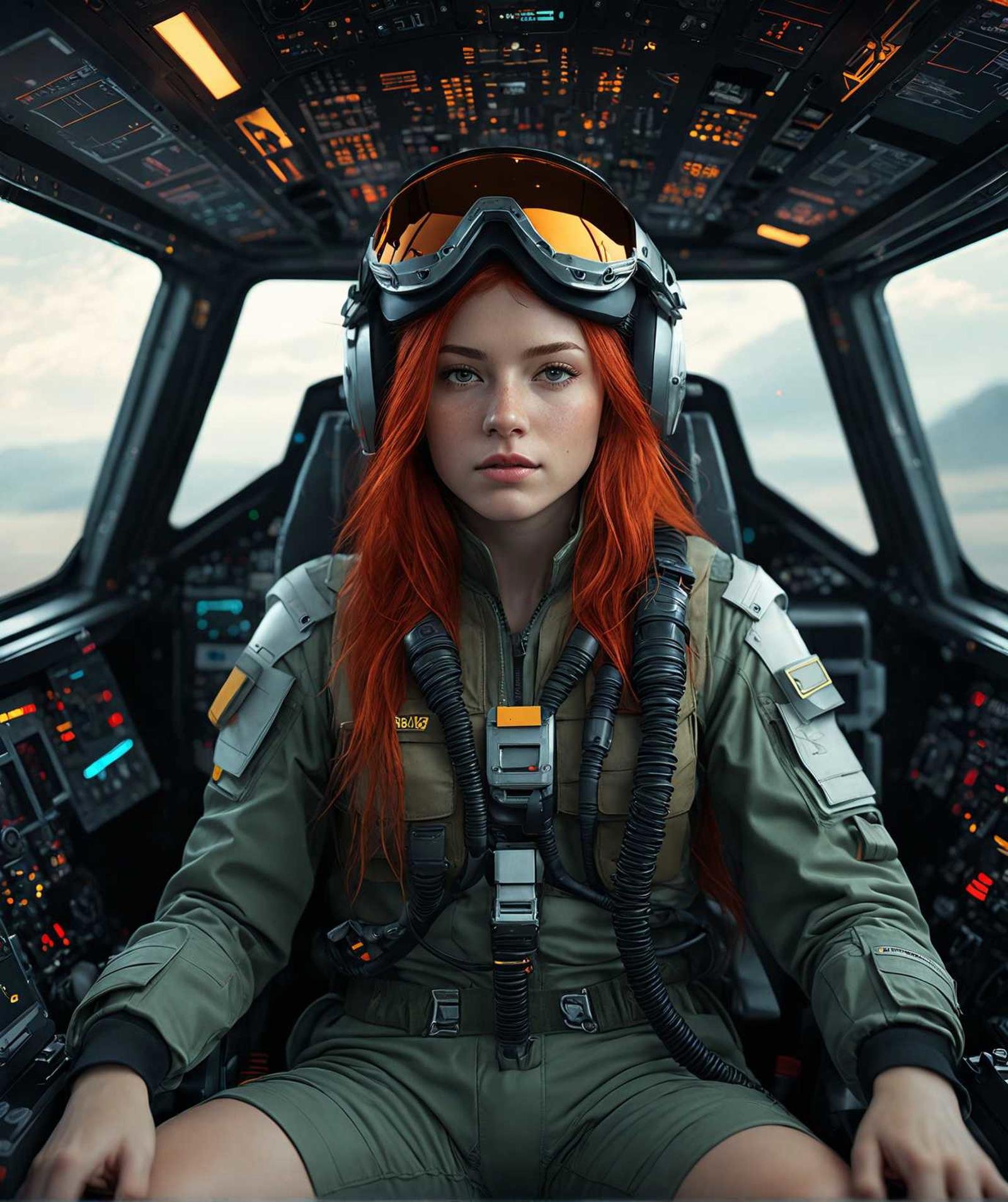 concept art, cinema, young female, futuristic, fighter pilot, cinematic, movie still, hyperdetailed photography, saturn, HUD, far future, electronics, bright colors, long red hair, visor,(((sitting in cockpit))), realistic, photo