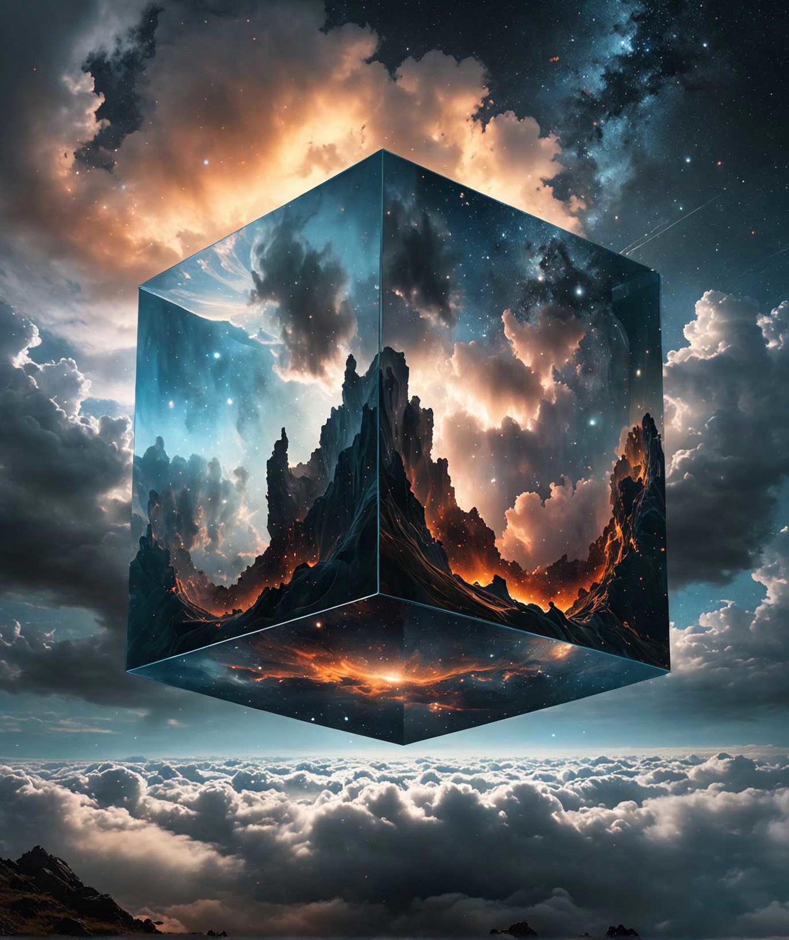 Bosch-style, a translucent cube traps eerie clouds, the starsscape warps, time distorts, surrealism reigns, stars, Glowing, sparkling