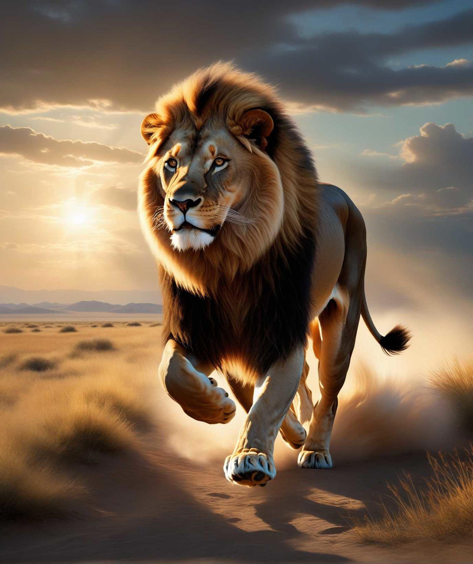 Realistic painting of a male lion galloping powerfully across a vast steppe, with dynamic ray tracing capturing the sunlight filtering through an expansive sky, by artists inspired by the detail and lifelikeness of George Stubbs and the dynamic compositions of Frederic Remington, cinematic composition, trending on ArtStationBadDream, anzhcdreamwave, aesthetic, glowneon, glowing, sparks, lightning