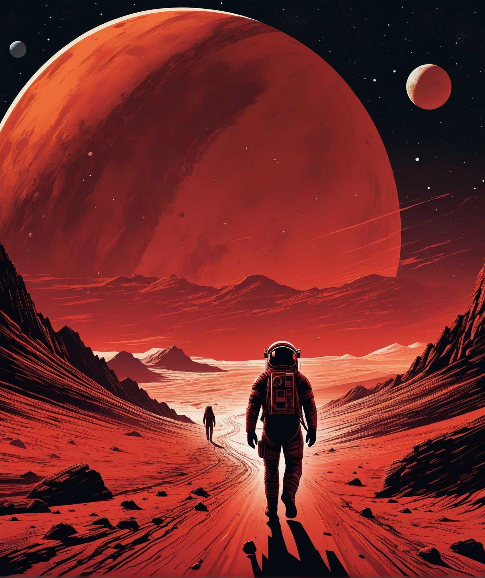 astronaut walking on a red planet with a red planet in the background, poster art inspired by dan mumford, featured on behance, space art, in the style dan mumford artwork, in the art style of dan mumford, sci fi illustration, (art by darwyn cooke)