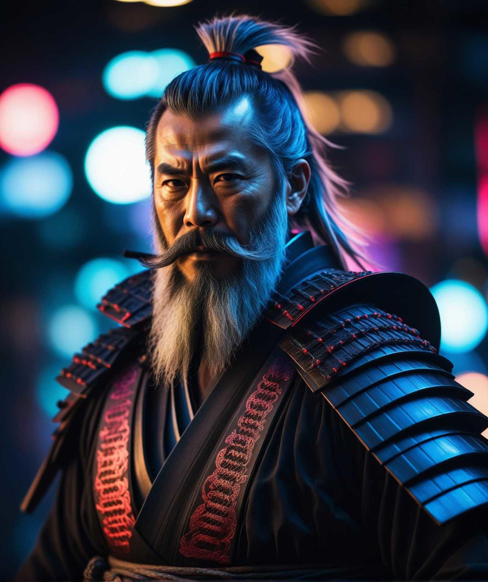 old samurai in the future, long gray detailed beard, samurai suit, neon light, cinematic, detailed skin, dynamic photo, bokeh, (closeup:1.2)