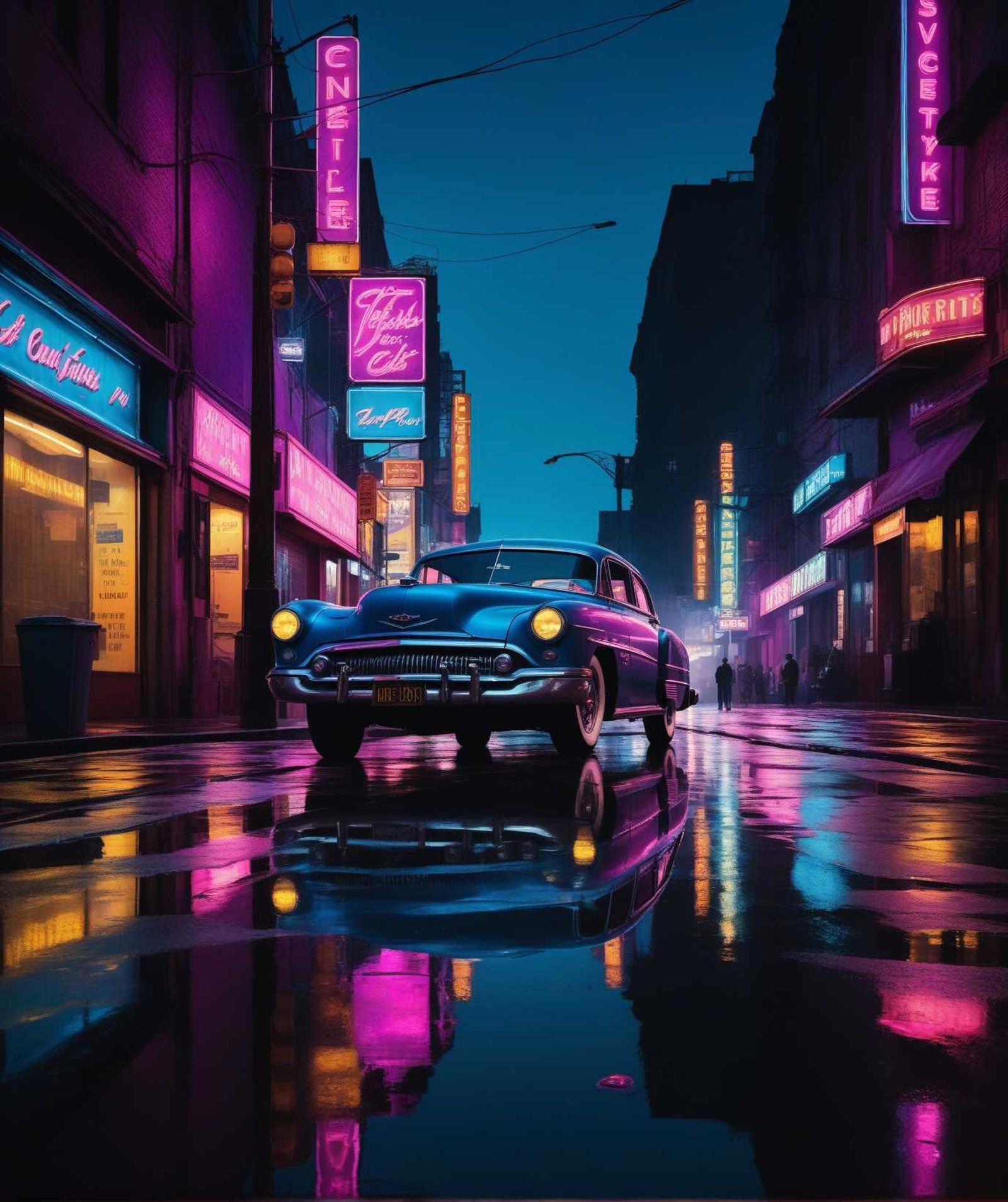 scenecore aesthetic the image portrays a scene reminiscent of a classic film noir. a vintage car, painted in hues of blue and pink, is parked on the side of a bustling city street lined with neon signs that glow in various colors. the cityscape is adorned with towering buildings reaching up into a sky painted in dark purple. streetlights cast their yellowish light onto the wet pavement below, reflecting off the shiny surface of the car. amidst this urban landscape, people can be seen going about their business, adding life to the scene. despite the vibrant atmosphere, there's an underlying sense of mystery and intrigue, much like the genre of film noir suggests. . alternative, neon, emo, highly detailed