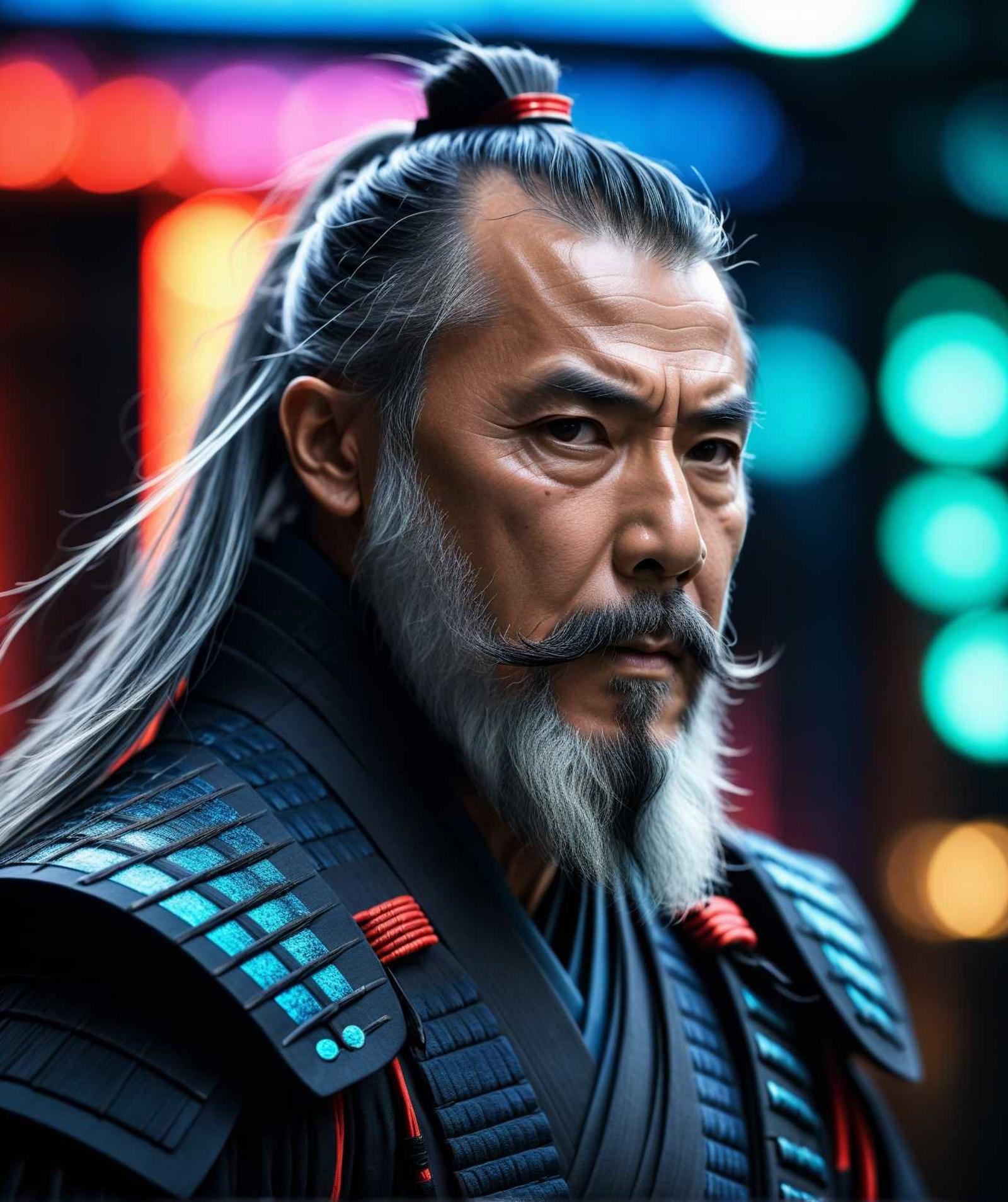 old samurai in the future, long gray beard, samurai suit, neon light, cinematic, dynamic photo, dramatic photo, bokeh, (closeup:1.2)