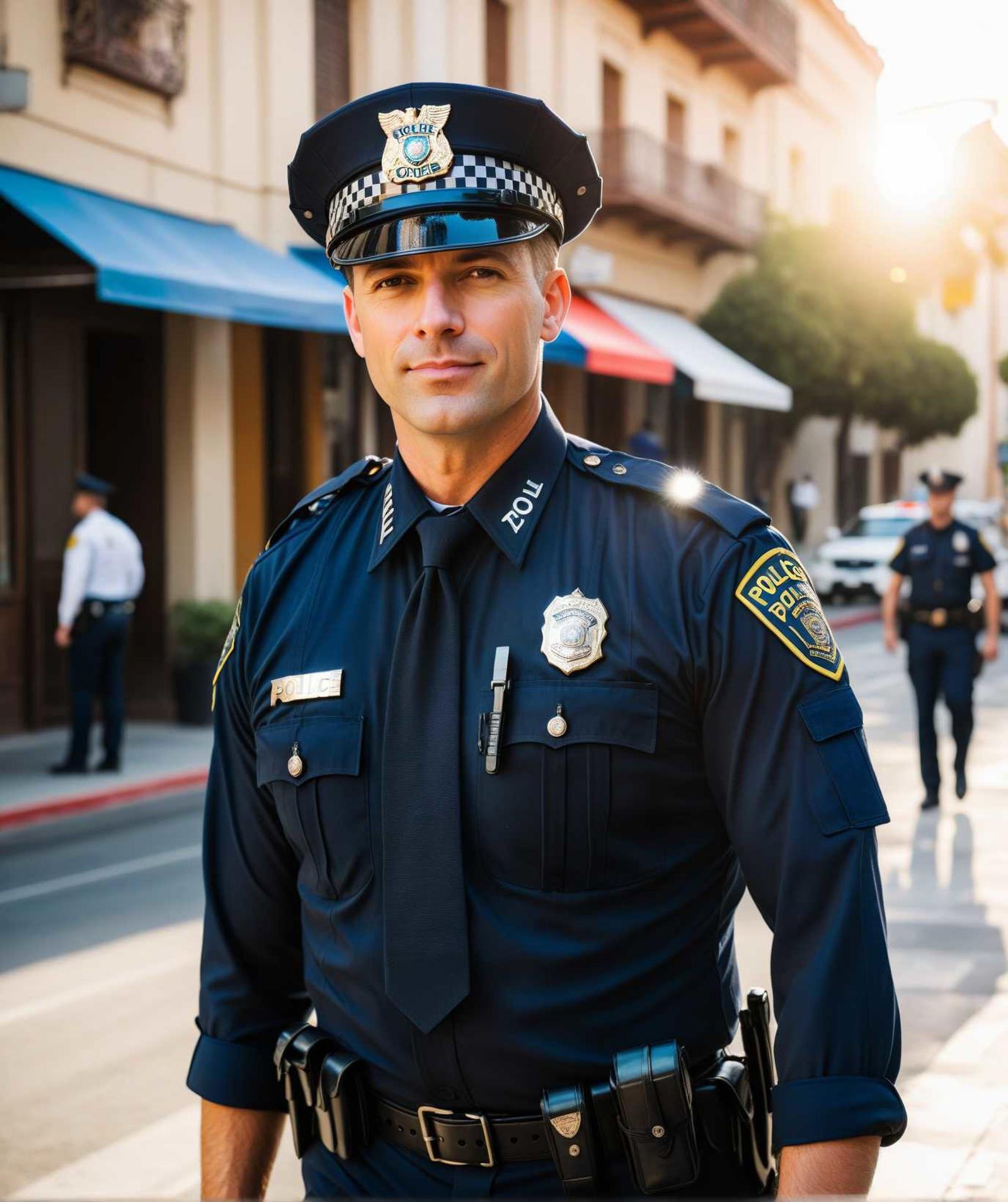 cheerful male police officer standing on the street of LA, lamp atmosphere, sunny day, bright colors, (closeup:0.75)