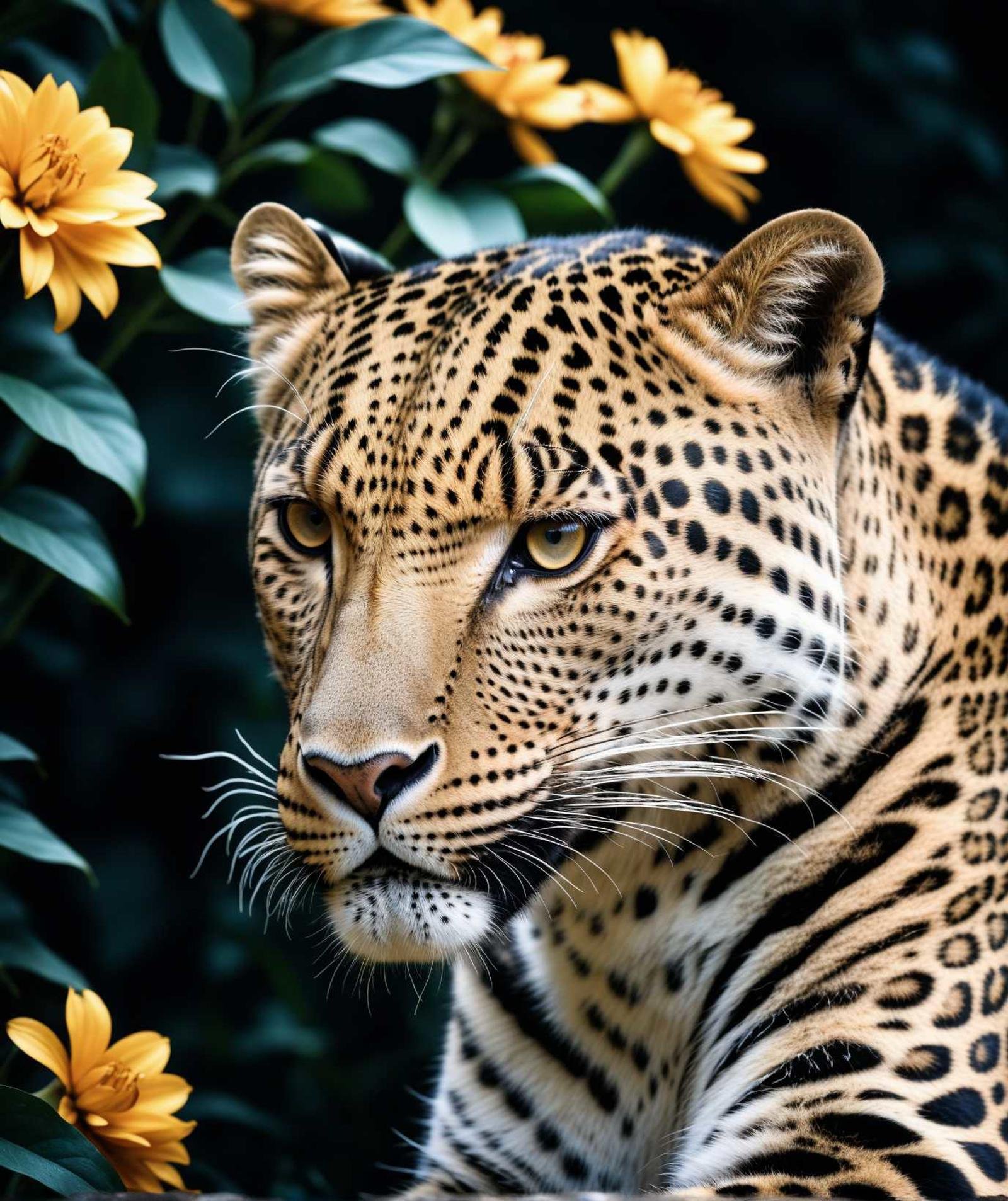 Close-up of a leopard in an image filled with deep darkness in analogue film grain style, HDR, 8k 35mm photography, background with flowers, stunning natural light, brilliant composition