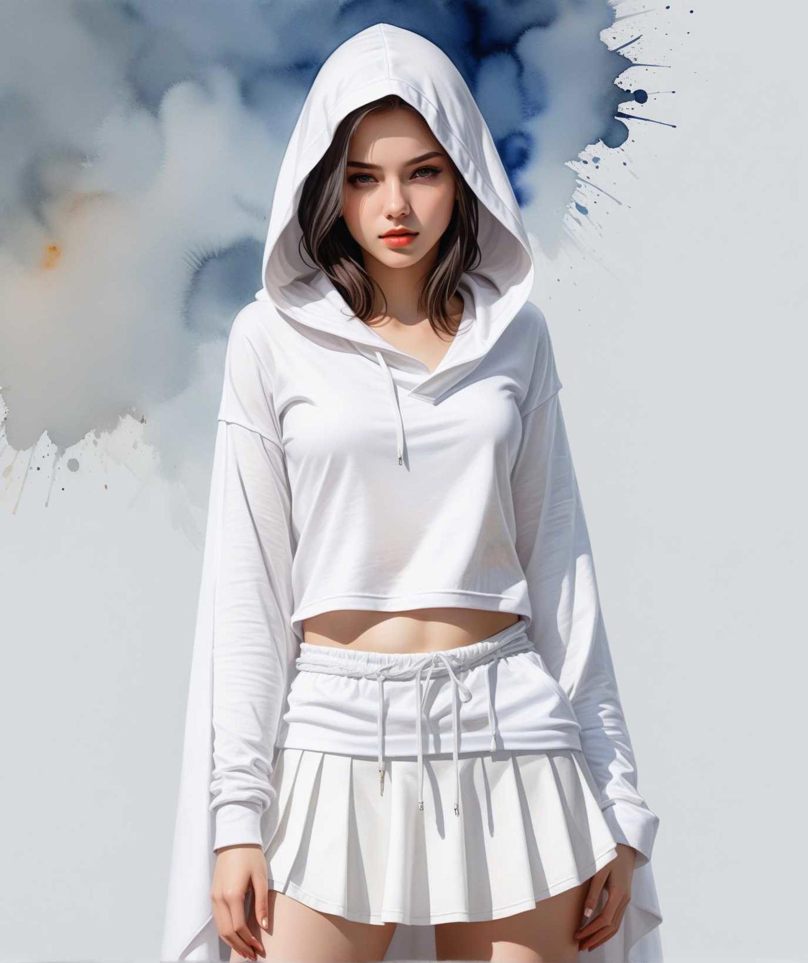 assassin girl, white assassin clothes, white top, white skirt, white hood, watercolor art, painting, rich colors, aesthetics