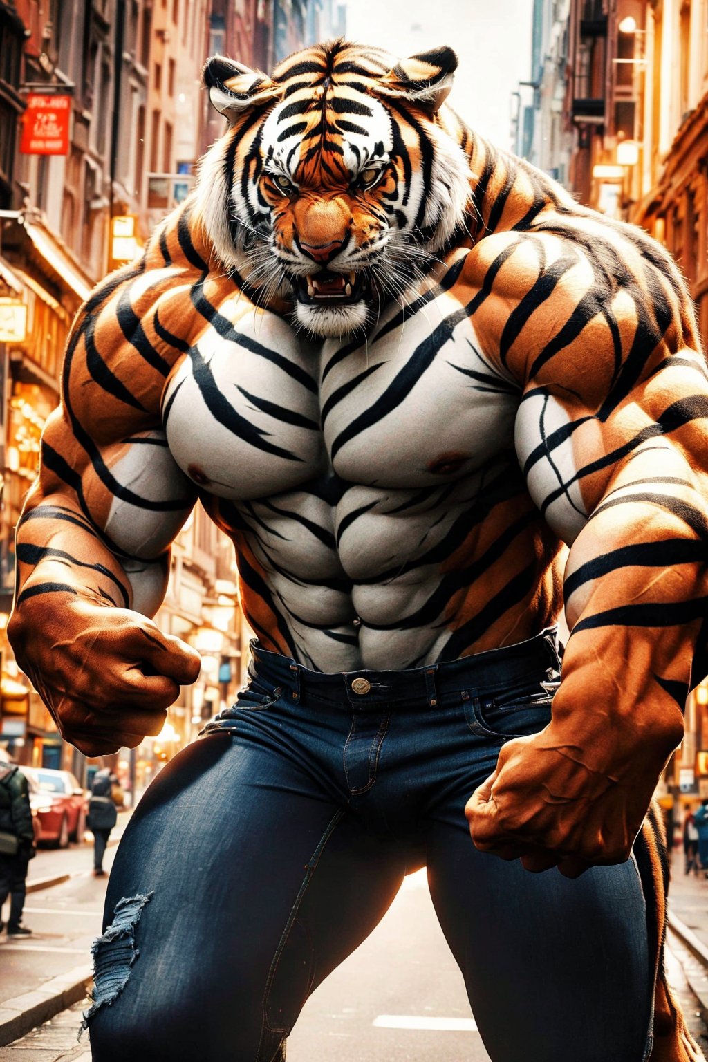 8k, masterpiece, ultra-realistic, best quality, high resolution, high definition, ,tiger boy, jeans, muscular, claws, city background