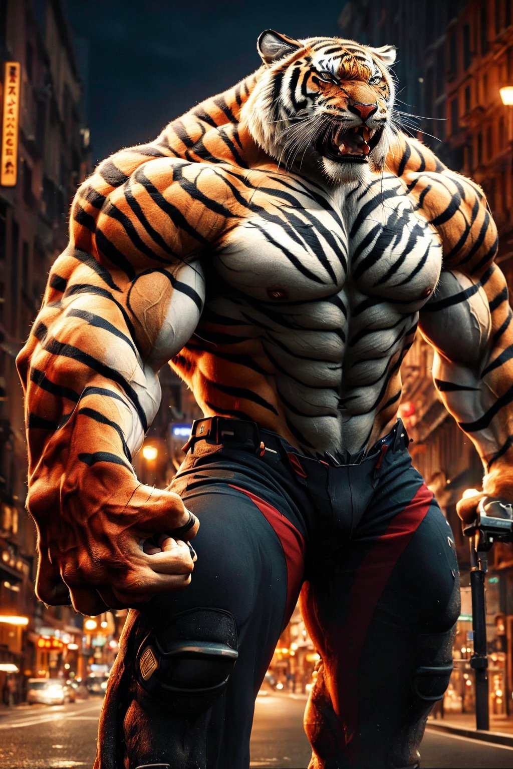 8k, masterpiece, ultra-realistic, best quality, high resolution, high definition, ,tiger boy, pants, muscular, claws, night city background