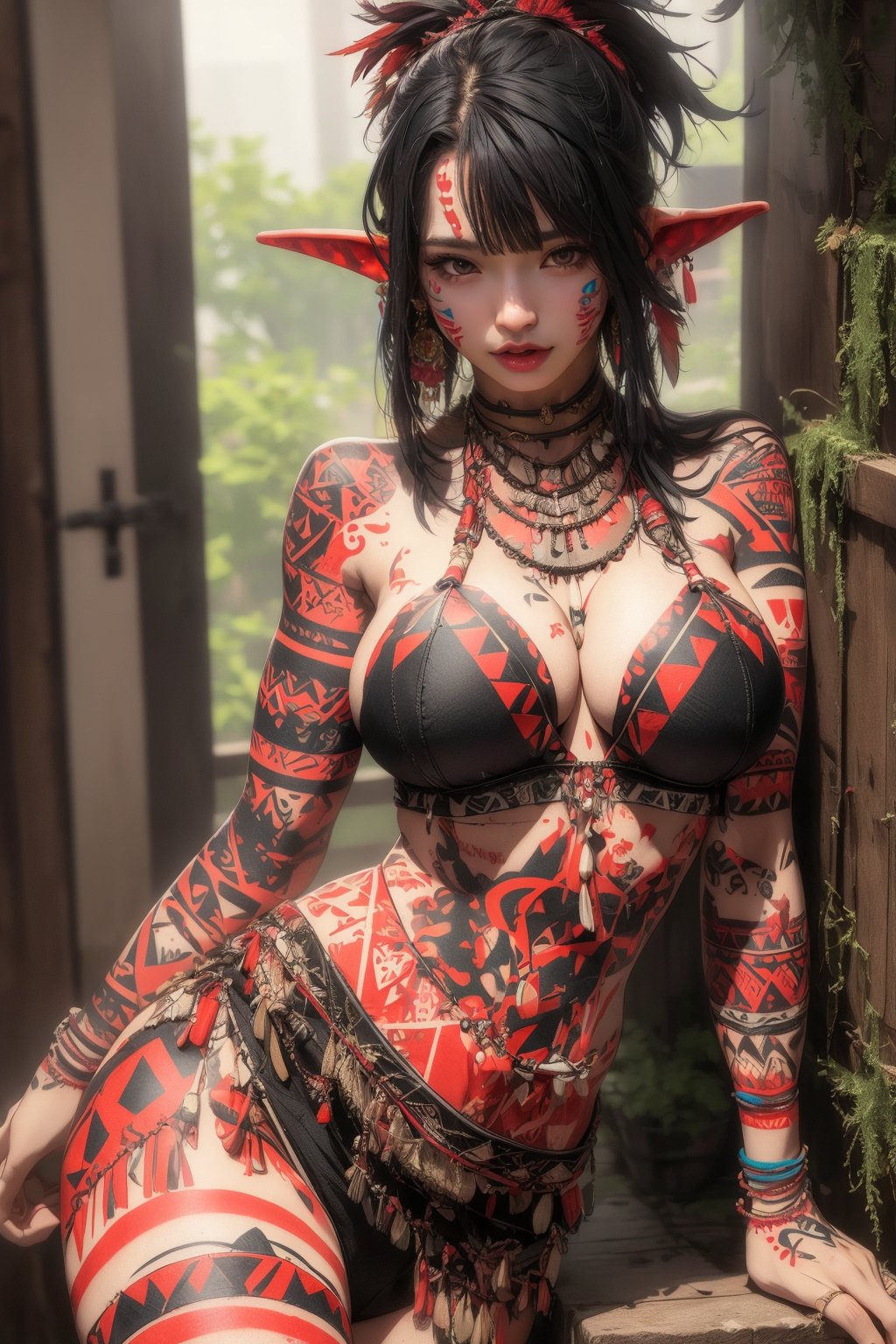 busty and sexy girl, 8k, masterpiece, ultra-realistic, best quality, high resolution, high definition, goblin, colored skin, colored eyes, sexy tribal clothings, teeth-necklace, body tatoo, arm tatoo, leg tatoo, feather errings