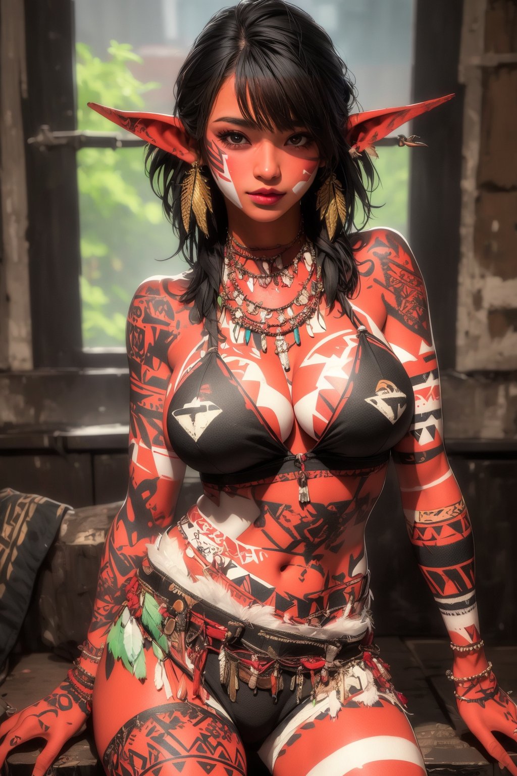 busty and sexy girl, 8k, masterpiece, ultra-realistic, best quality, high resolution, high definition, goblin, colored skin, colored eyes, sexy tribal clothings, teeth-necklace, body tatoo, face tatoo, arm tatoo, leg tatoo, feather errings