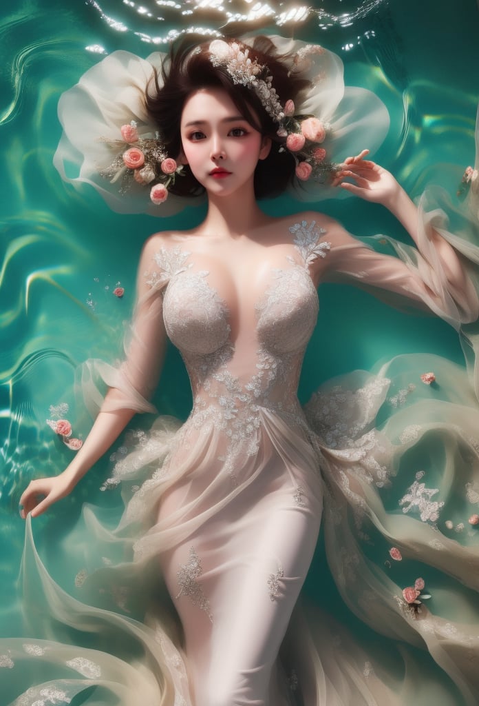 1 lady lying in water with beautiful style, deep water, she wears bridal dress, see-through, (with head), wet hair, her hair is flowing in the water, from above, upper body, (look at viewer:1.1), (solo), masterpieces, best quality, high resolution, bright scene, soft color, low contrast, water ripples, water sparkling, 