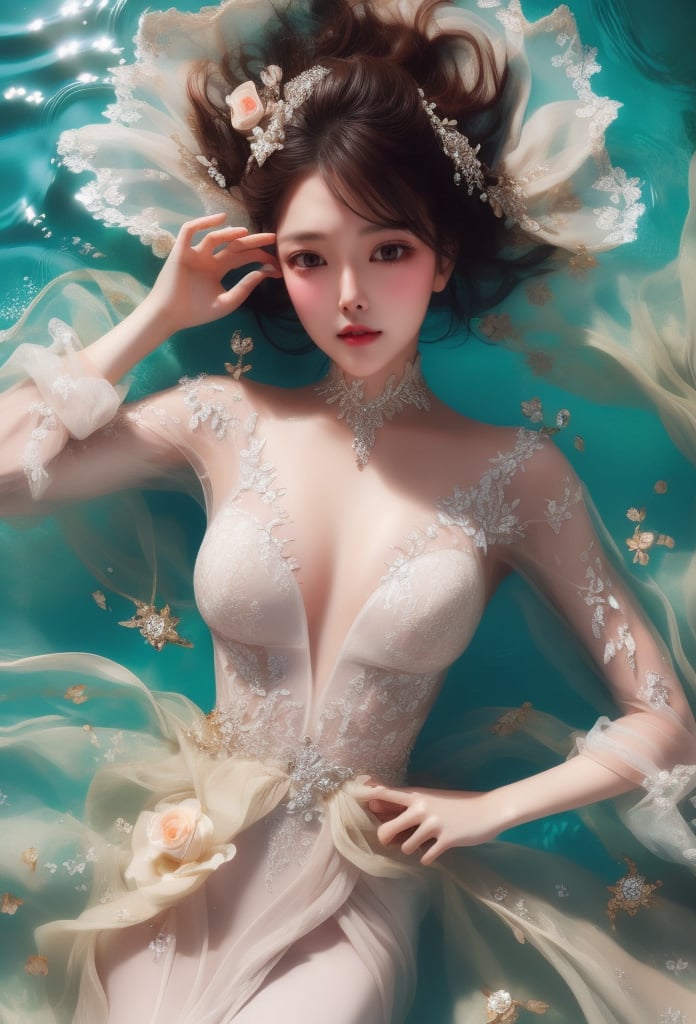 1 lady lying in water with beautiful style, deep water, she wears bridal dress, see-through, (with head), wet hair, her hair is flowing in the water, from above, upper body, (look at viewer:1.1), (solo), masterpieces, best quality, high resolution, bright scene, soft color, low contrast, water ripples, water sparkling, 