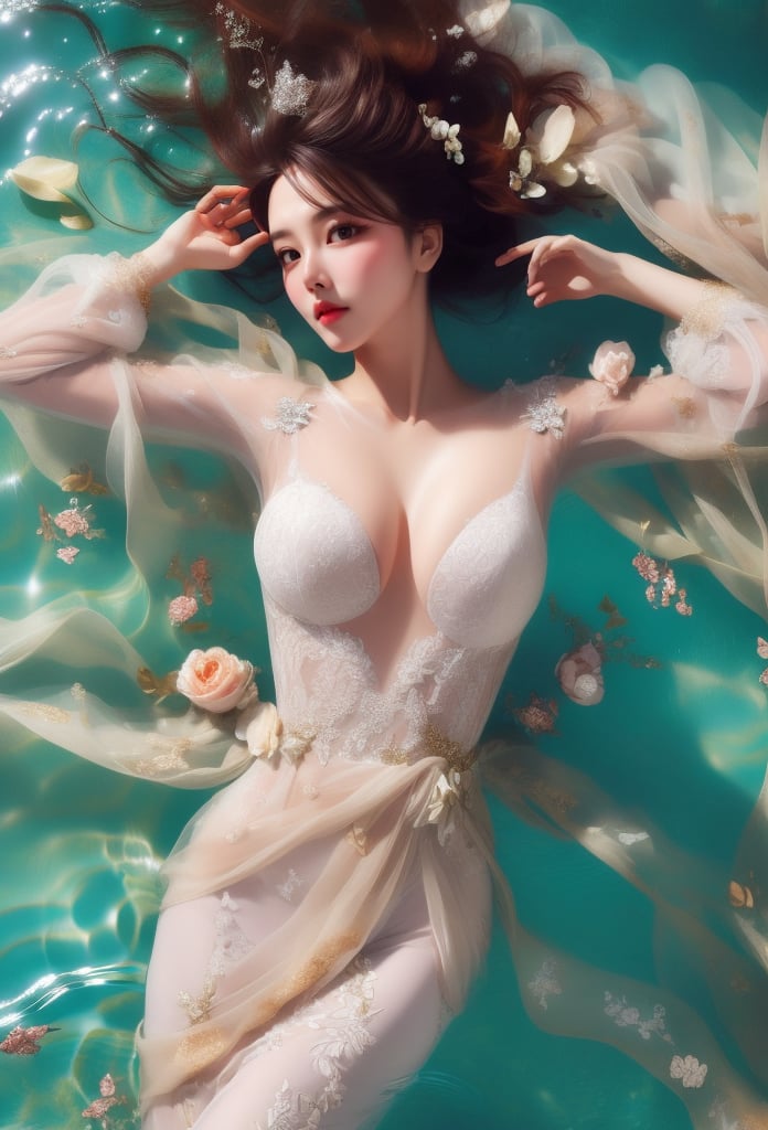 1 lady lying in water with beautiful style, her body is wet, she wears bridal dress, see-through, (with head), wet hair, her hair is flowing in the water, from above, upper body, look at viewer, (solo), masterpieces, best quality, high resolution, bright scene, soft color, low contrast, (water ripples:1.1), water sparkling, 