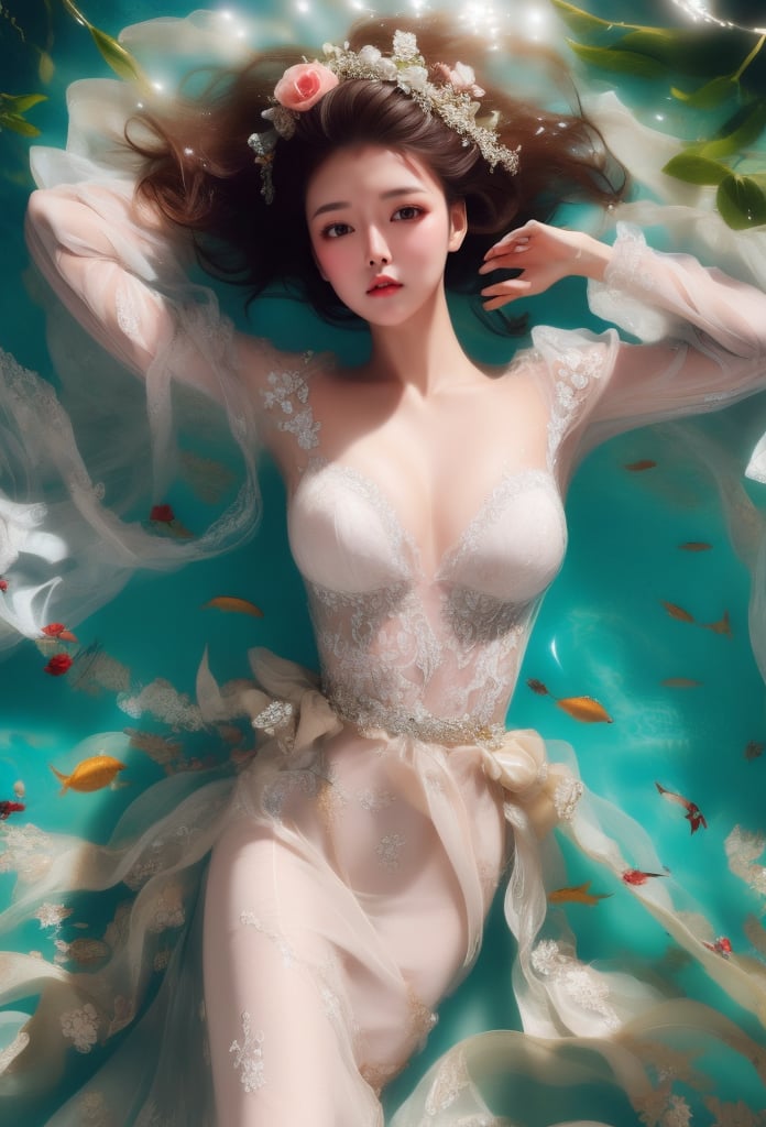 1 lady lying in water with beautiful style, her body is all wet, she wears bridal dress, see-through, (with head), wet hair, her hair is flowing in the water, from above, upper body, look at viewer, (solo), masterpieces, best quality, high resolution, bright scene, soft color, low contrast, (water ripples:1.2), water sparkling, 