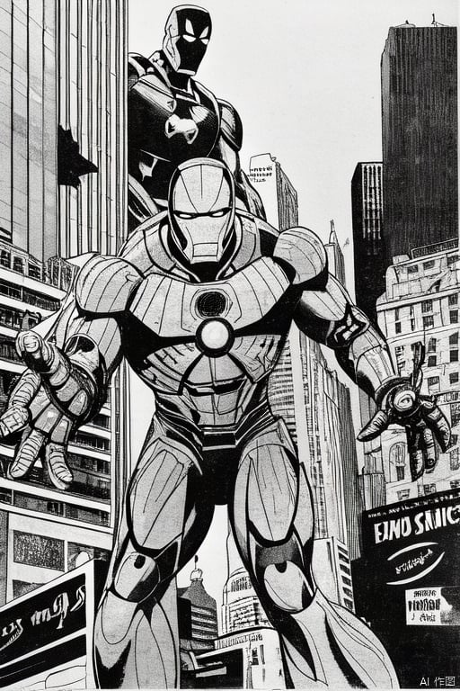 Iron Man , Spider Man, battle in downtown New York City,manv,greyscale