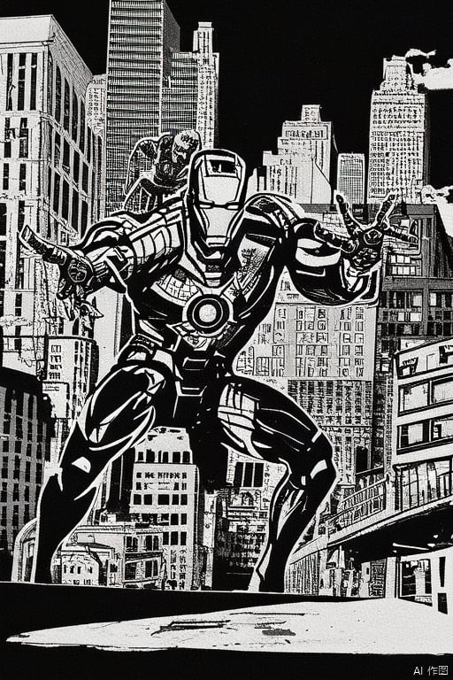 Iron Man , Spider Man, battle in downtown New York City,manv,greyscale