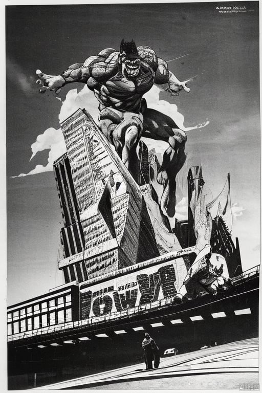 Hulk,battle in downtown New York City,manv,greyscale