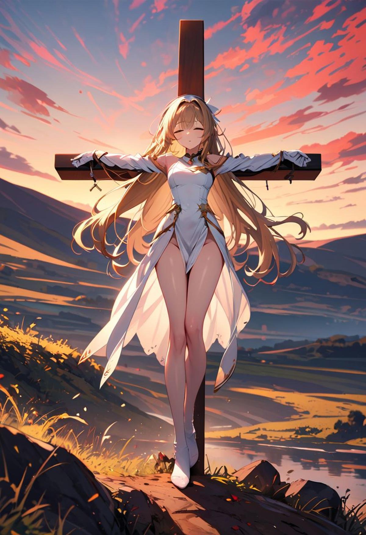 Masterpiece, 4K, ultra detailed, high saturation, 1girl, solo, full body, Sunset, Hill, Colorful clouds, Holy light, White headscarf, Blond hair, Very long hair, Eyes closed, Sleeping, Expressionless face, Wind, White dress, Gold trim, Tight clothes, White lace gloves, No pants, No shoes, Feet off the ground, easynegative, CROSS_T, Crucifixion, Arms Spread, Legs Together