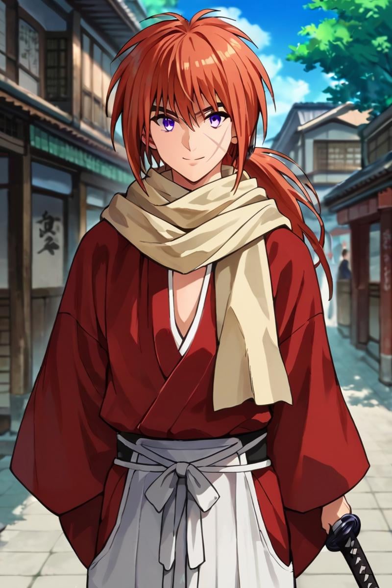 score_9,score_8_up,score_7_up,source_anime,1boy, solo,looking at viewer,Himura Kenshin,red hair, purple eyes, scar on face,ponytail,long hair, smile, scarf, outdoors, japanese, street, japanese clothes, hakama,red kimono,weapon,sword,upper body<lora:EMS-397200-EMS:0.800000>