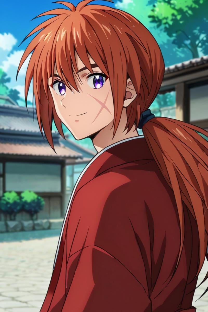 score_9,score_8_up,score_7_up,source_anime,1boy, solo,looking at viewer,Himura Kenshin,red hair, purple eyes, scar on face,ponytail,long hair, smile, outdoors, japanese clothes, upper body, looking back, street<lora:EMS-397200-EMS:0.800000>